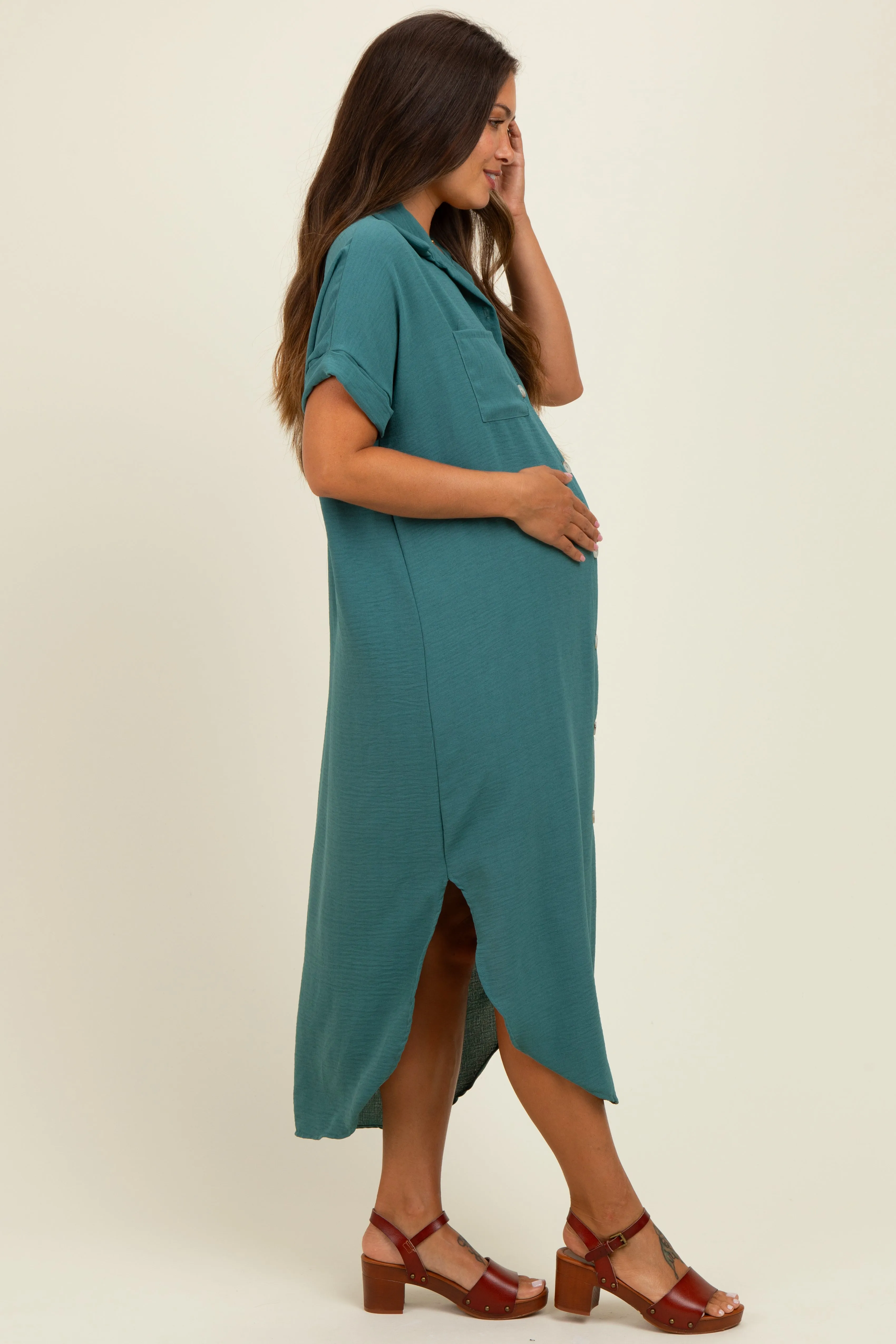 Teal Button Down Hi Low Maternity Maxi Dress sold by Pinkblush product image thumbnail 2