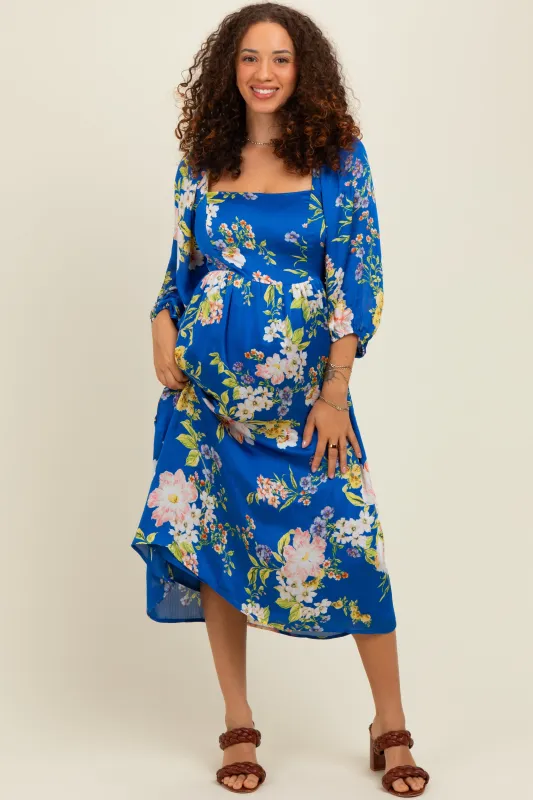 Royal Blue Floral Square Neck 3/4 Sleeve Maternity Midi Dress sold by Pinkblush
