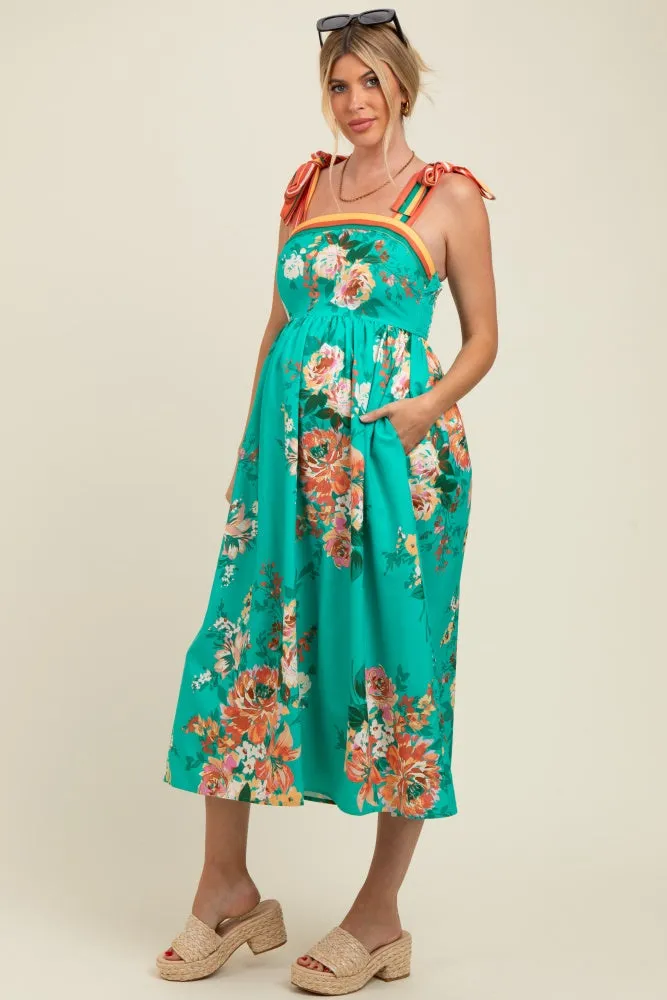 Turquoise Floral Contrast Shoulder Tie Maternity Midi Dress sold by Pinkblush product image thumbnail 2