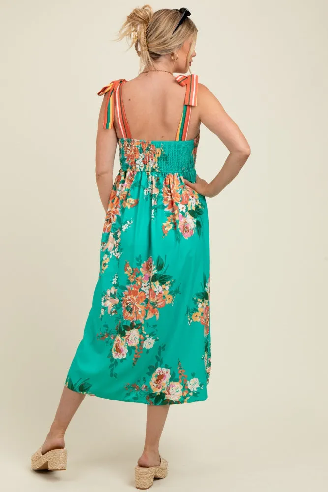 Turquoise Floral Contrast Shoulder Tie Maternity Midi Dress sold by Pinkblush product image thumbnail 4