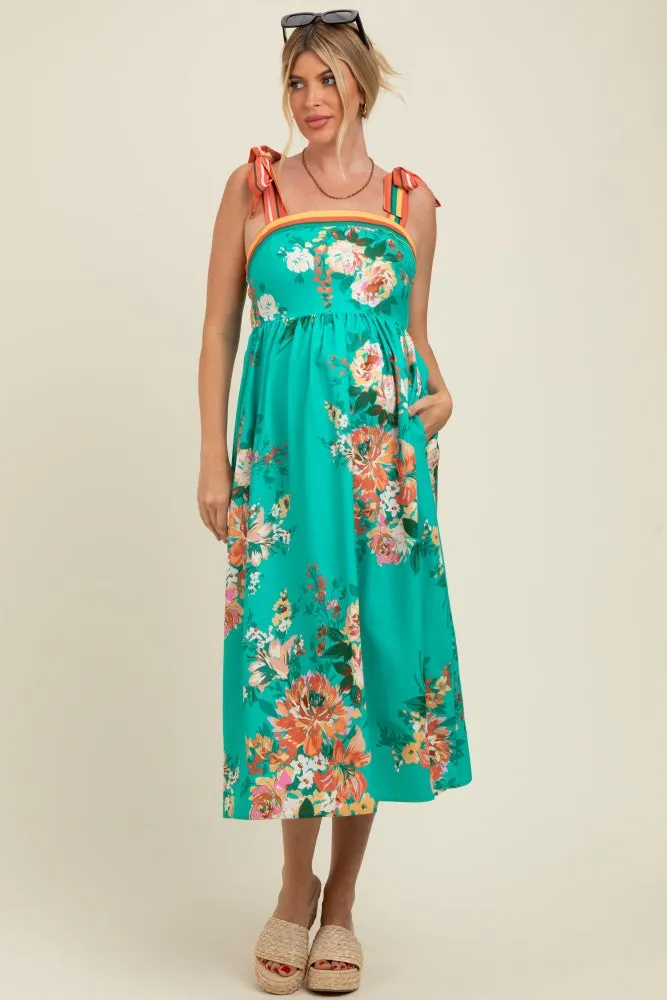 Turquoise Floral Contrast Shoulder Tie Maternity Midi Dress sold by Pinkblush