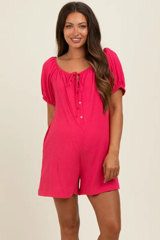 Fuchsia Button Up Front Tie Puff Sleeve Maternity Romper sold by Pinkblush