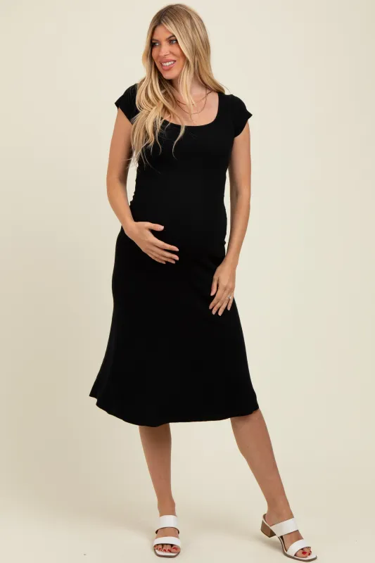 Black/Ivory Short Cap Sleeve Tie Back Sweater Maternity Midi Dress sold by Pinkblush