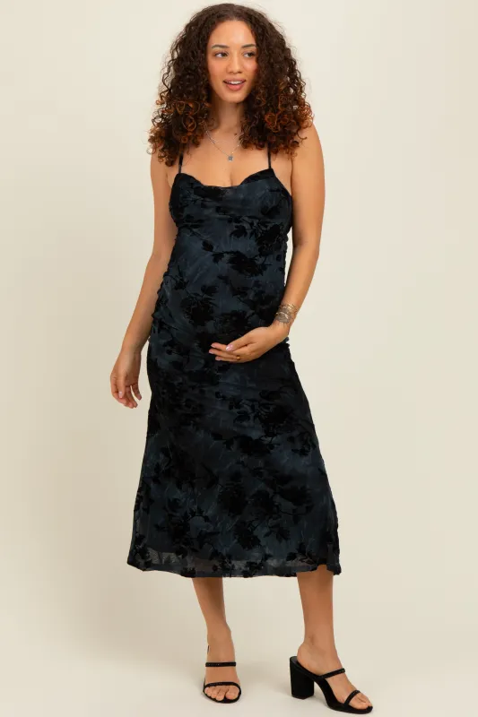 Charcoal Mesh Floral Overlay Maternity Midi Dress sold by Pinkblush