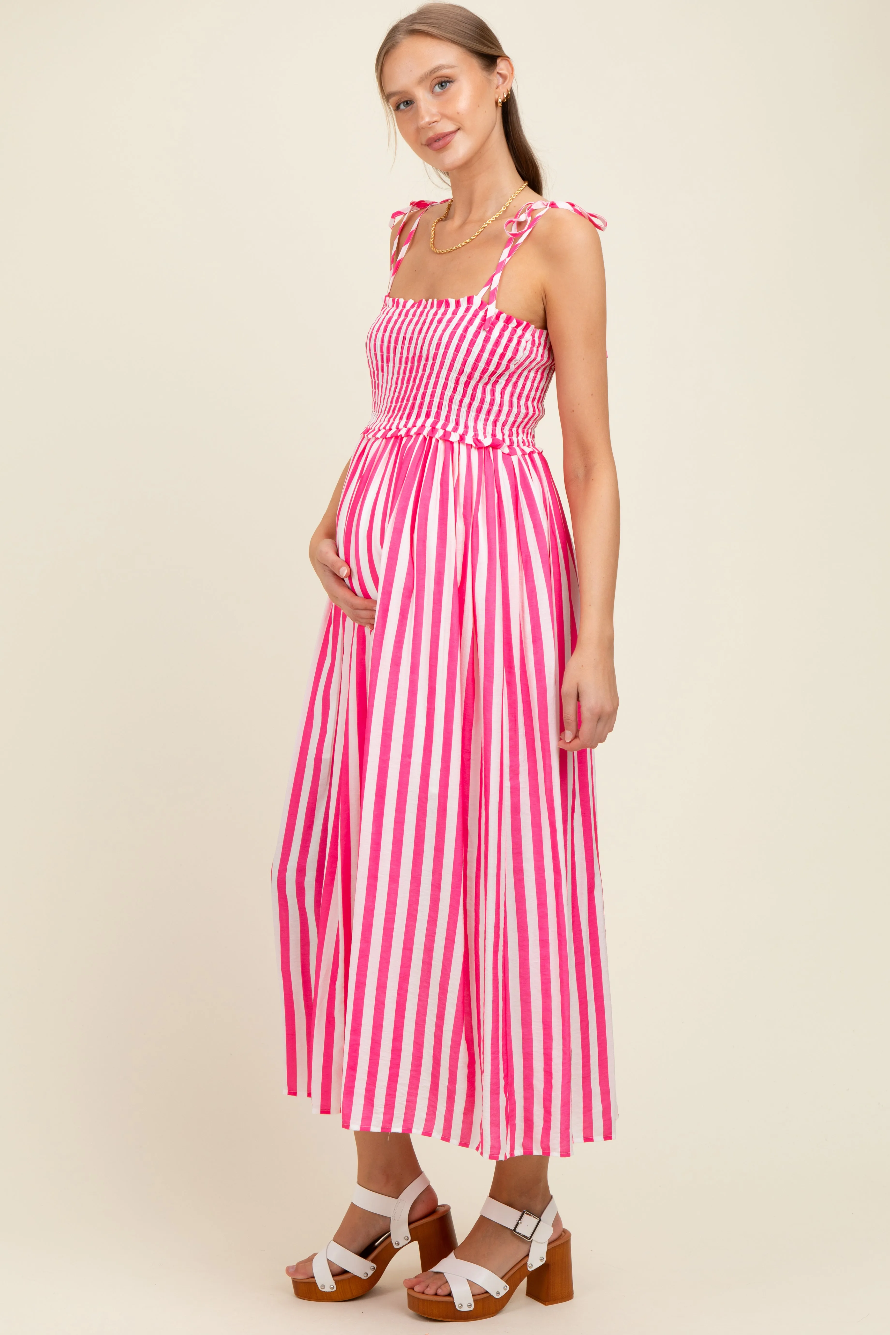Pink Striped Smocked Shoulder Tie Maternity Midi Dress sold by Pinkblush product image thumbnail 3