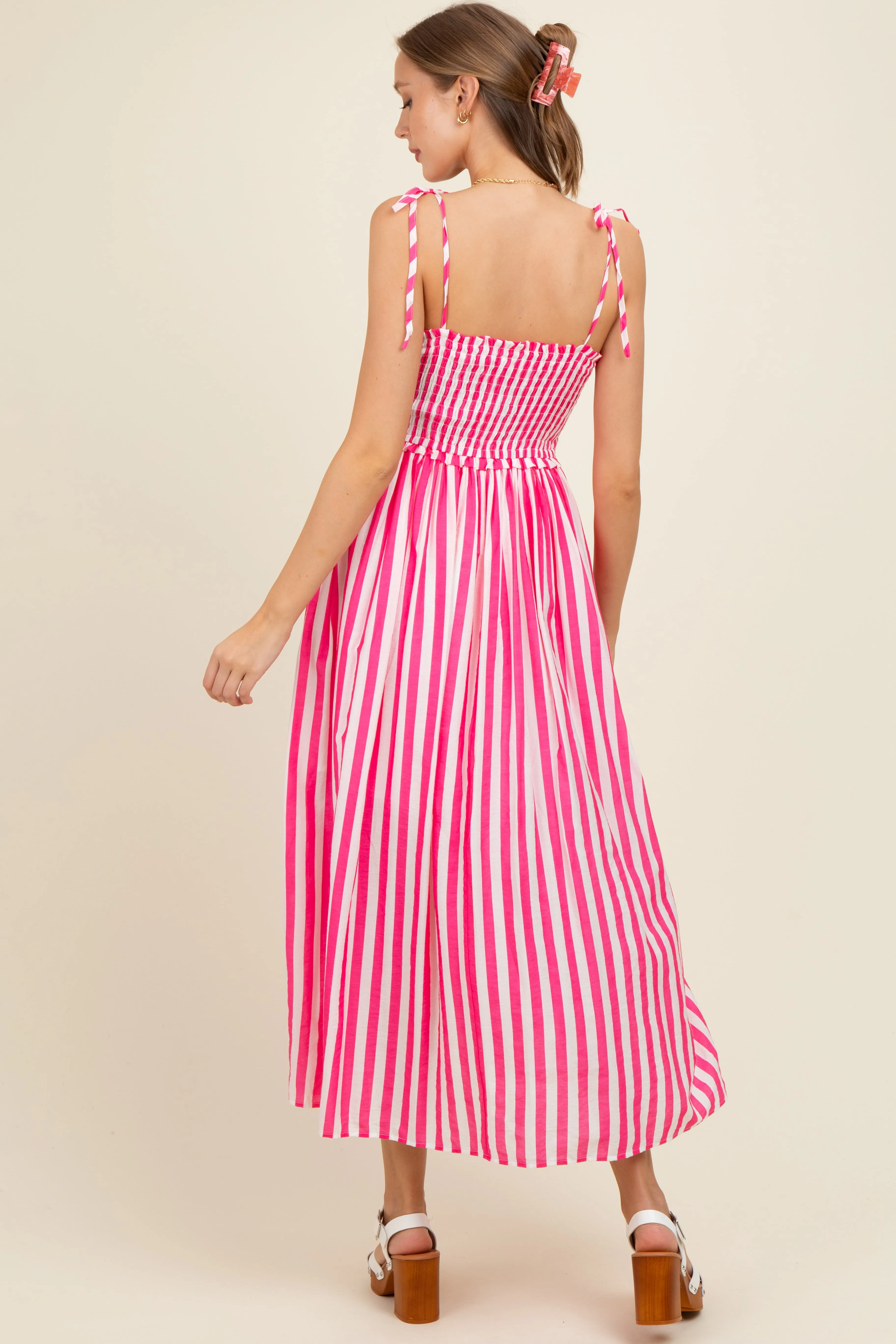 Pink Striped Smocked Shoulder Tie Maternity Midi Dress sold by Pinkblush product image thumbnail 4