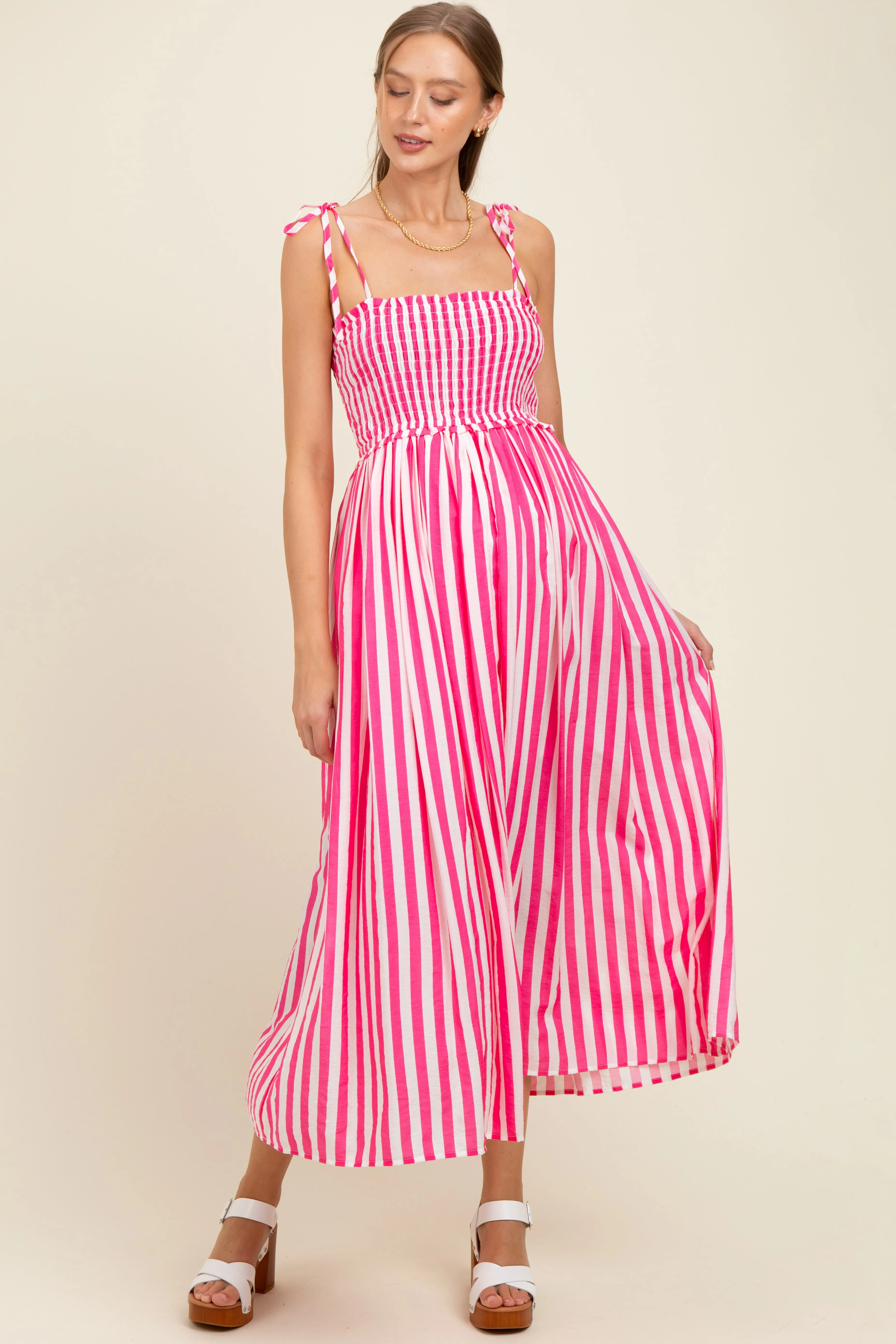 Pink Striped Smocked Shoulder Tie Maternity Midi Dress sold by Pinkblush