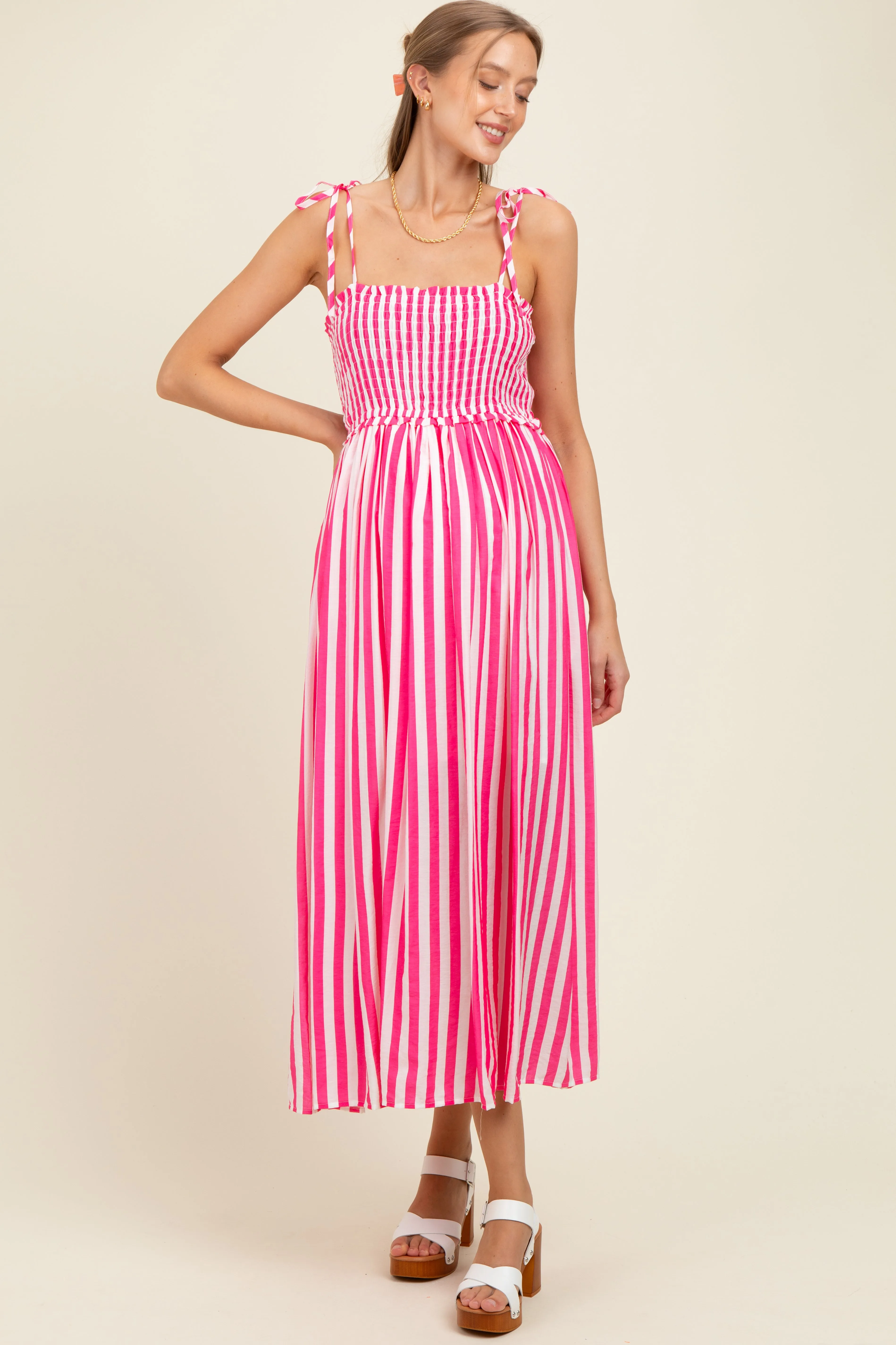 Pink Striped Smocked Shoulder Tie Maternity Midi Dress sold by Pinkblush product image thumbnail 2