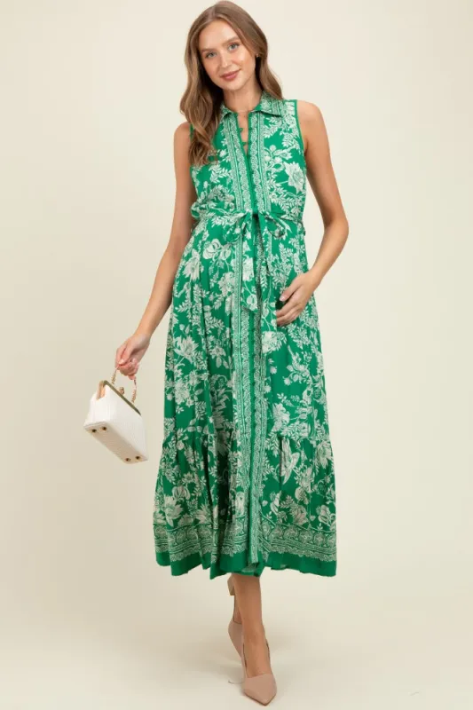 Green Floral Border Print Lapel Button Down Maternity Maxi Dress sold by Pinkblush