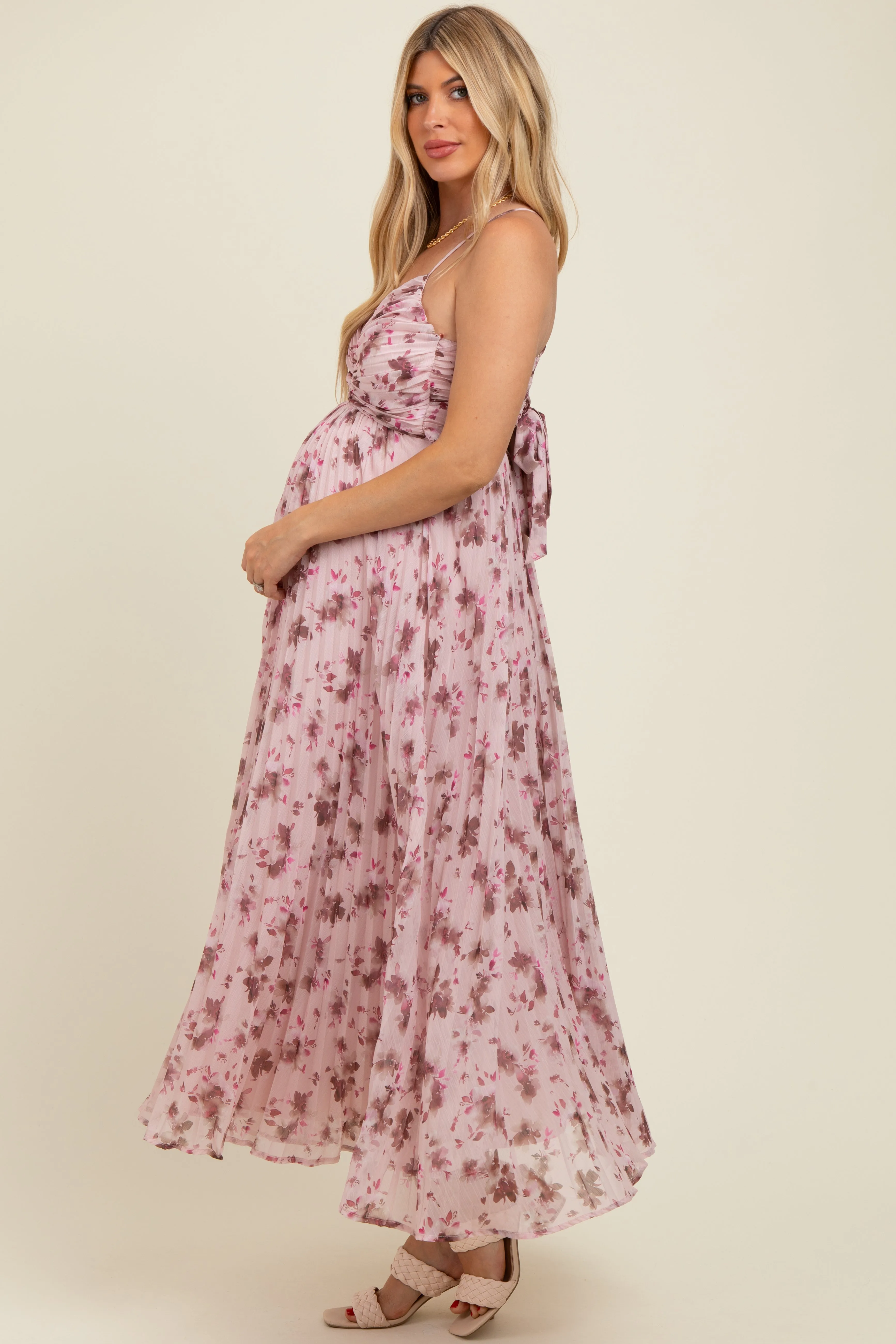 Light Pink Floral Pleated Chiffon Cutout Tie Back Maternity Maxi Dress sold by Pinkblush product image thumbnail 3