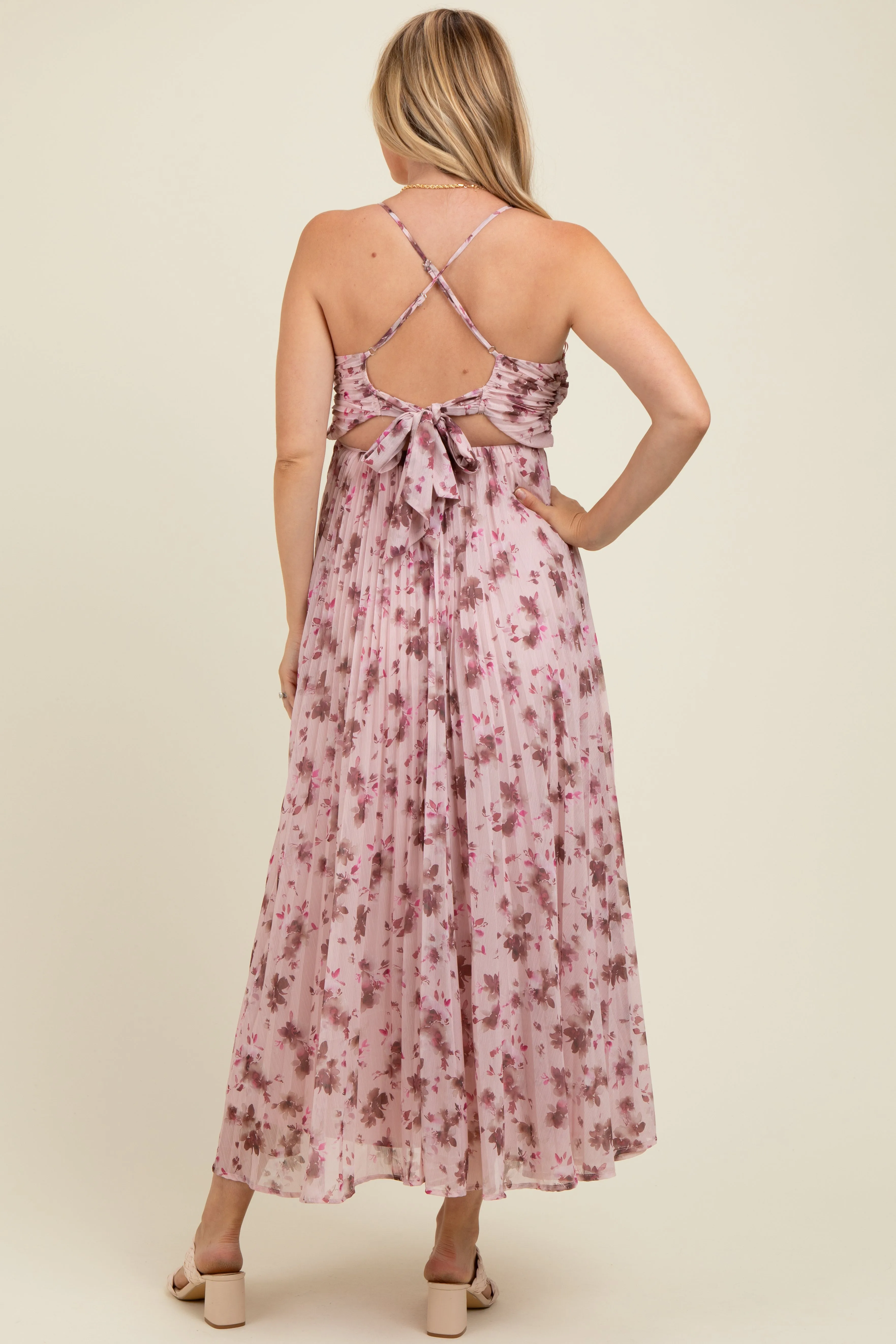 Light Pink Floral Pleated Chiffon Cutout Tie Back Maternity Maxi Dress sold by Pinkblush product image thumbnail 4