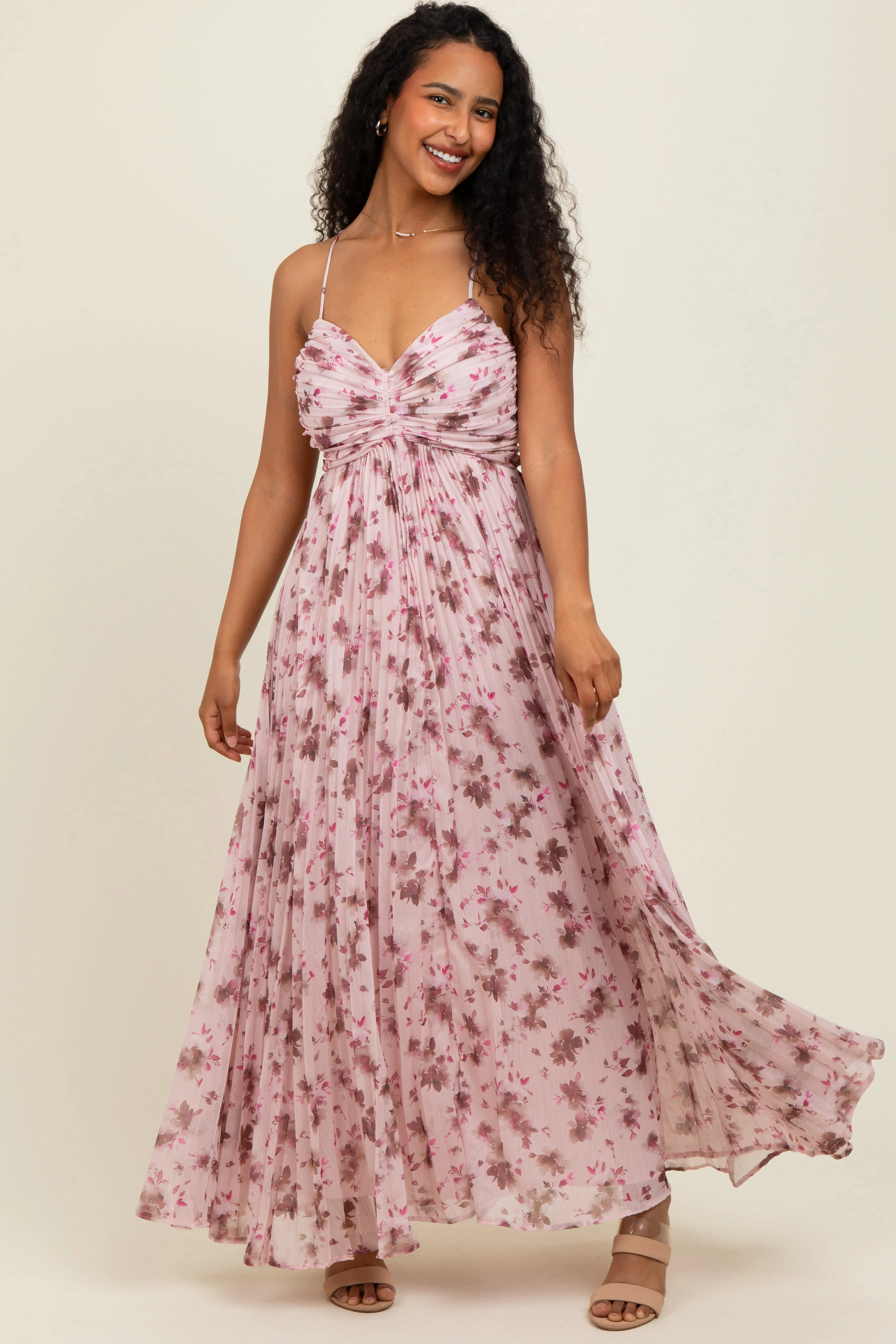 Light Pink Floral Pleated Chiffon Cutout Tie Back Maternity Maxi Dress sold by Pinkblush product image thumbnail 5