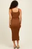Mocha Smocked Sleeveless Ruffle Hem Maternity Fitted Dress sold by Pinkblush