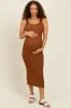 Mocha Smocked Sleeveless Ruffle Hem Maternity Fitted Dress sold by Pinkblush