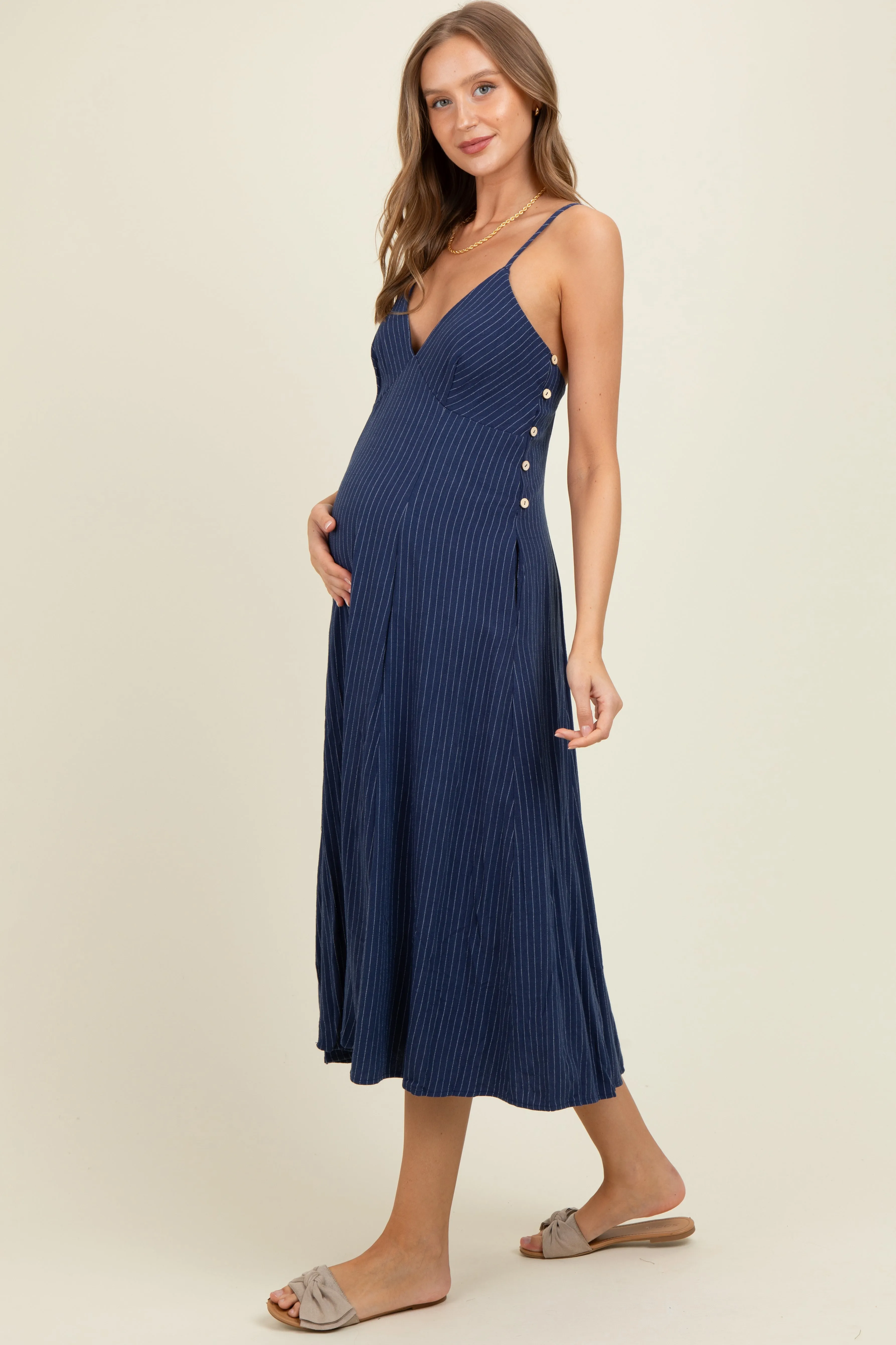 Navy/White Linen Striped Maternity Midi Dress sold by Pinkblush product image thumbnail 3