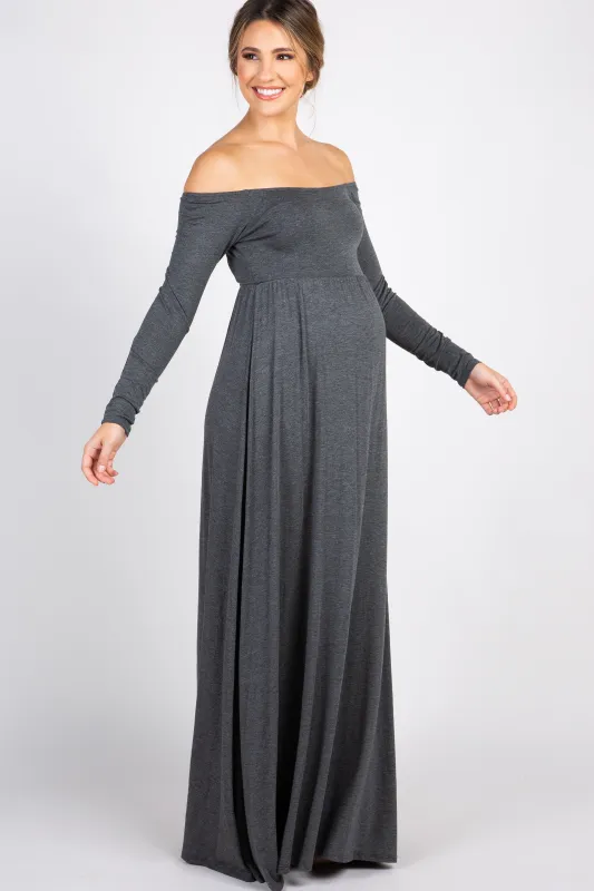 PinkBlush Charcoal Solid Off Shoulder Maternity Maxi Dress sold by Pinkblush