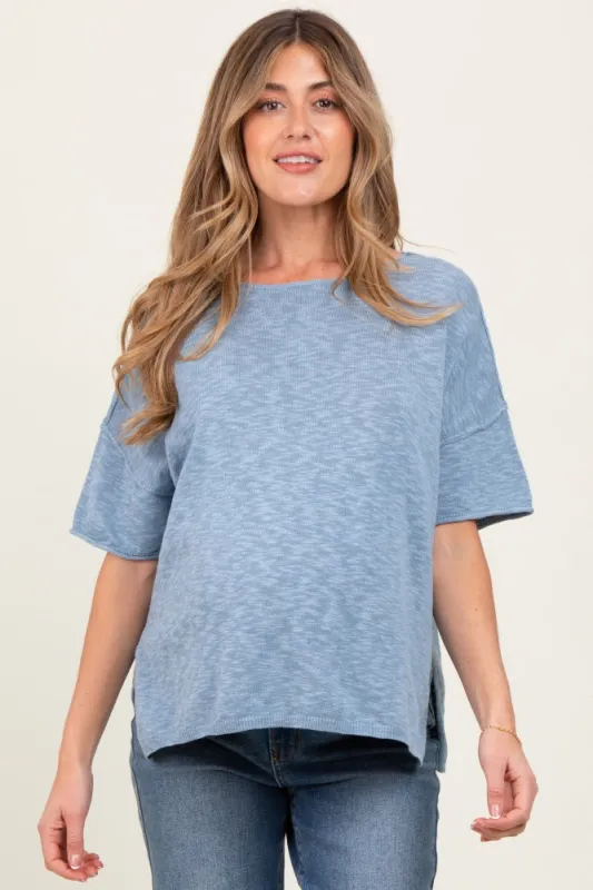 Blue Knit Drop Shoulder Short Sleeve Maternity Top sold by Pinkblush