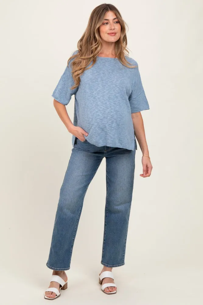 Blue Knit Drop Shoulder Short Sleeve Maternity Top sold by Pinkblush product image thumbnail 2