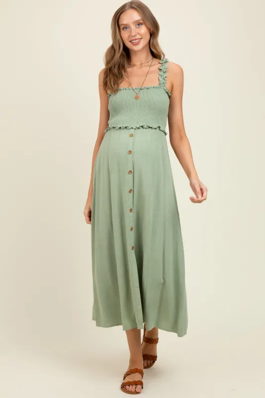 Sage Smocked Button Front Linen Blend Maternity Midi Dress sold by Pinkblush