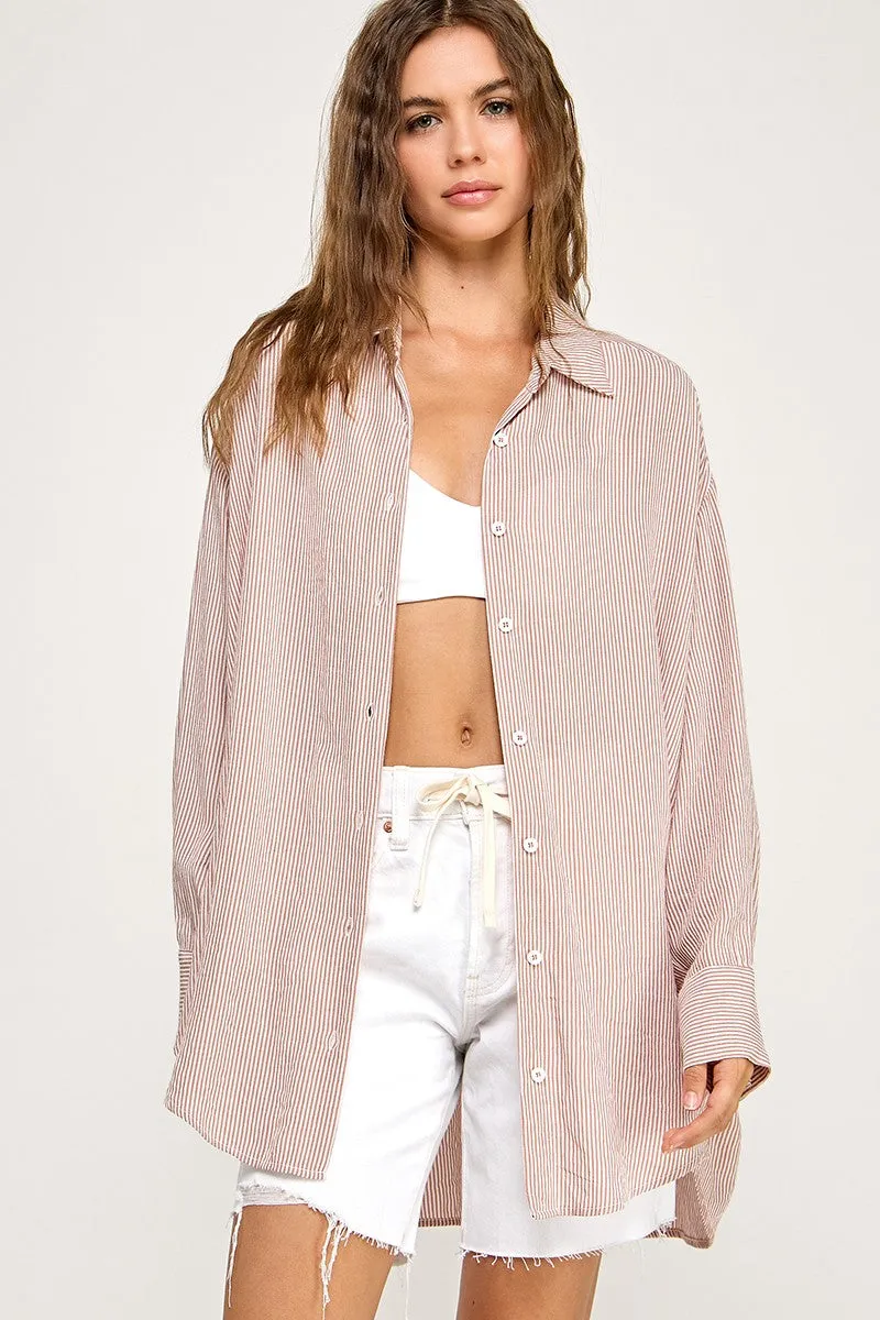 Rust Striped Oversized Button Down Shirt sold by Pinkblush product image thumbnail 3