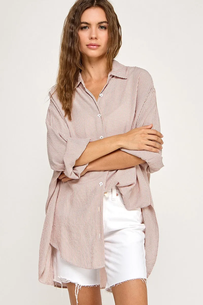 Rust Striped Oversized Button Down Shirt sold by Pinkblush