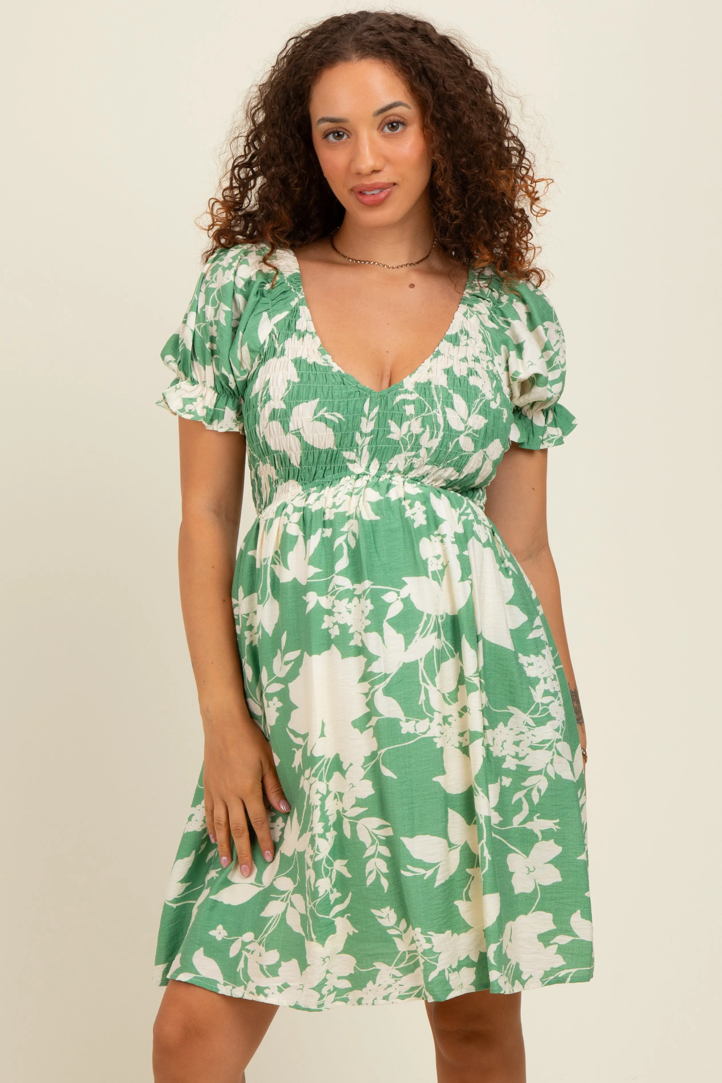 Light Olive Floral Smocked Puff Sleeve Maternity Dress sold by Pinkblush