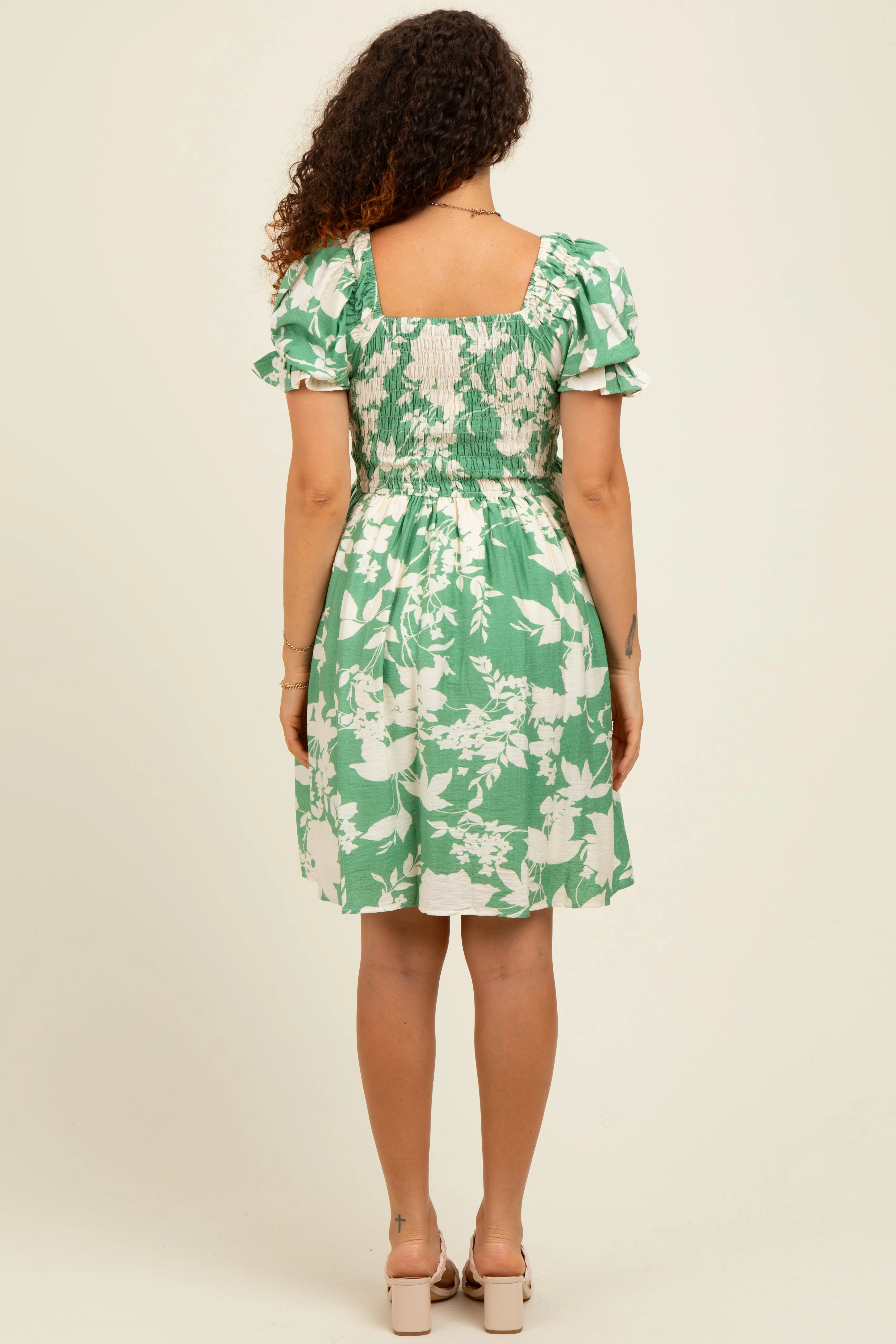 Light Olive Floral Smocked Puff Sleeve Maternity Dress sold by Pinkblush product image thumbnail 3