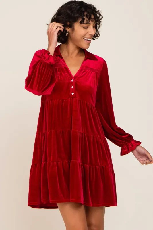 Red Velvet Long Sleeve Tiered Collared Dress sold by Pinkblush