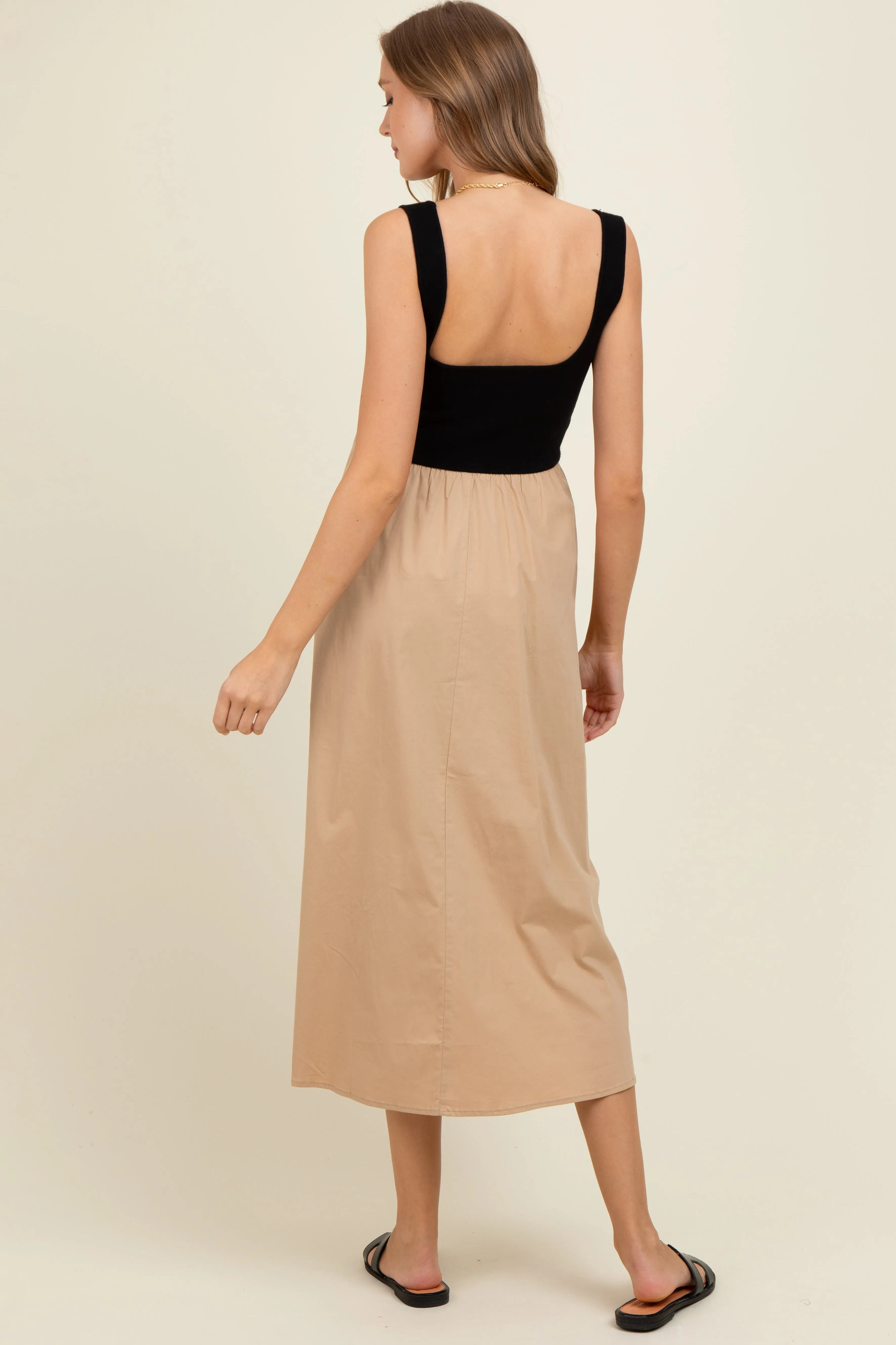 Beige Black Contrast Knit Poplin Sleeveless Maternity Midi Dress sold by Pinkblush product image thumbnail 4