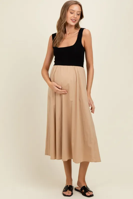 Beige Black Contrast Knit Poplin Sleeveless Maternity Midi Dress sold by Pinkblush