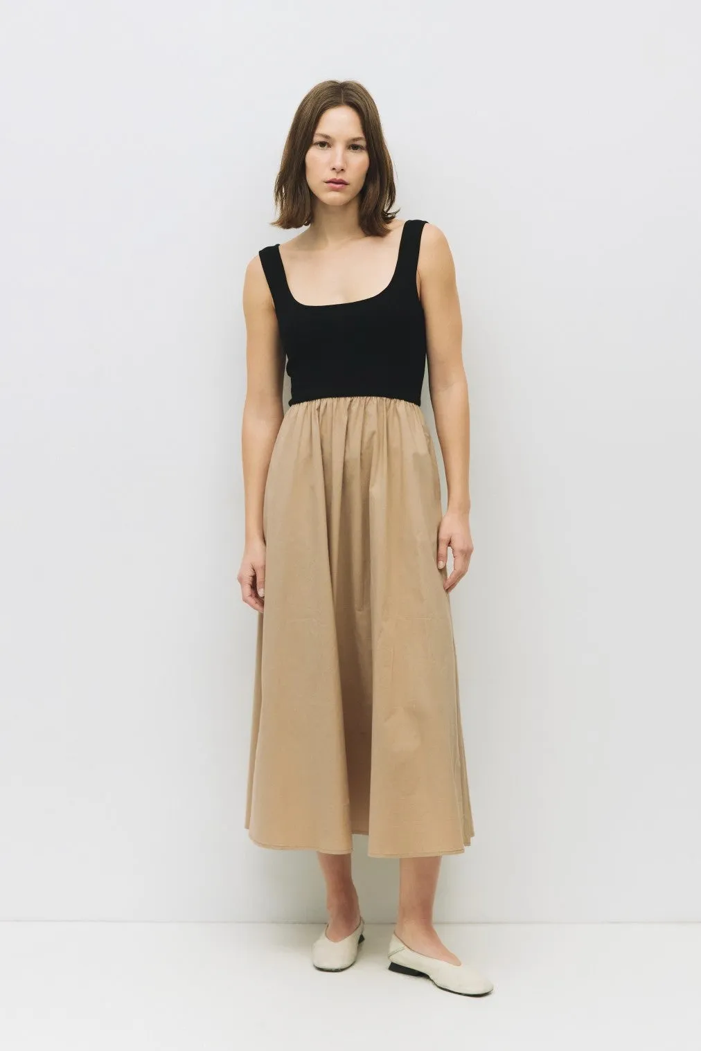 Beige Black Contrast Knit Poplin Sleeveless Maternity Midi Dress sold by Pinkblush product image thumbnail 5