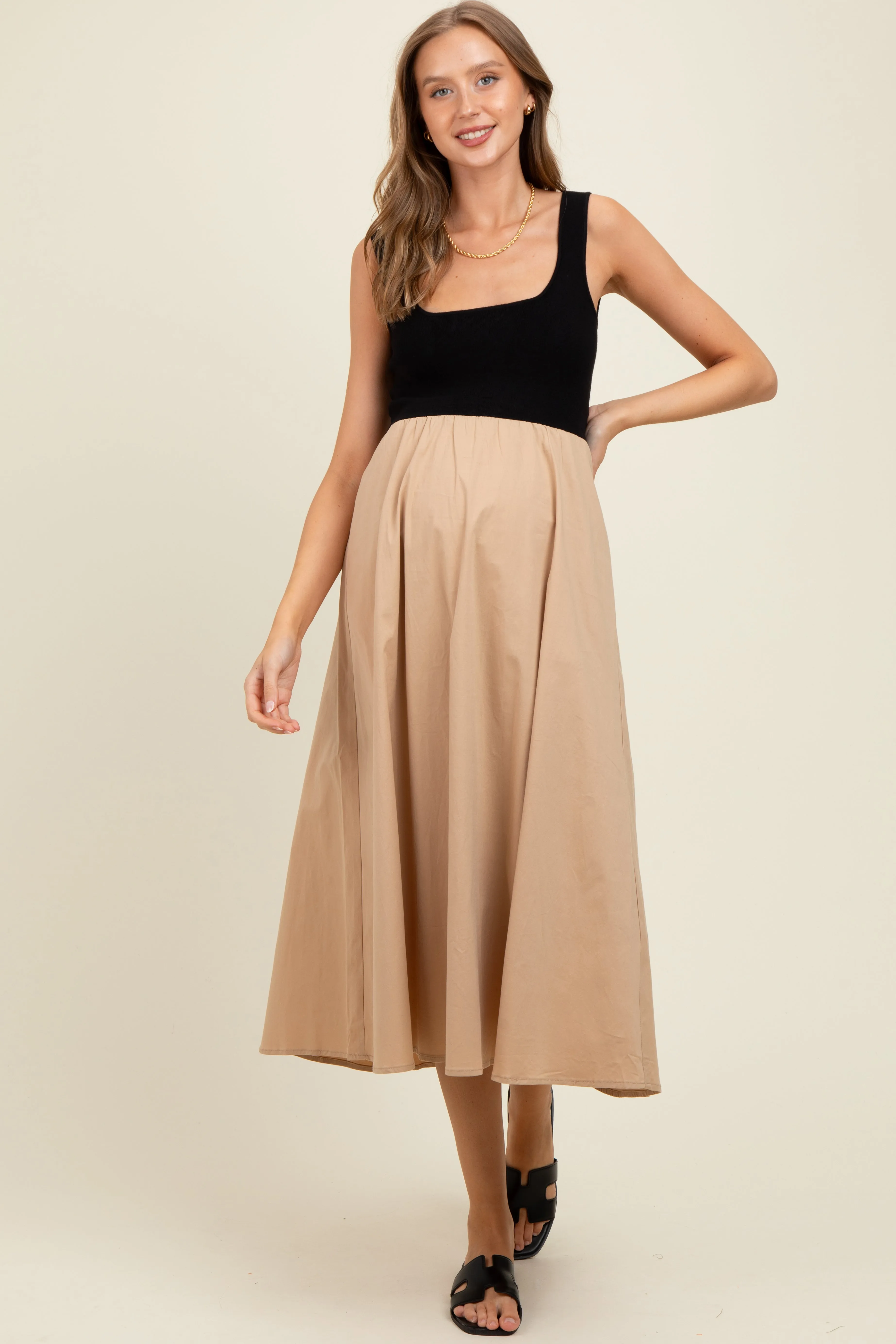 Beige Black Contrast Knit Poplin Sleeveless Maternity Midi Dress sold by Pinkblush product image thumbnail 2