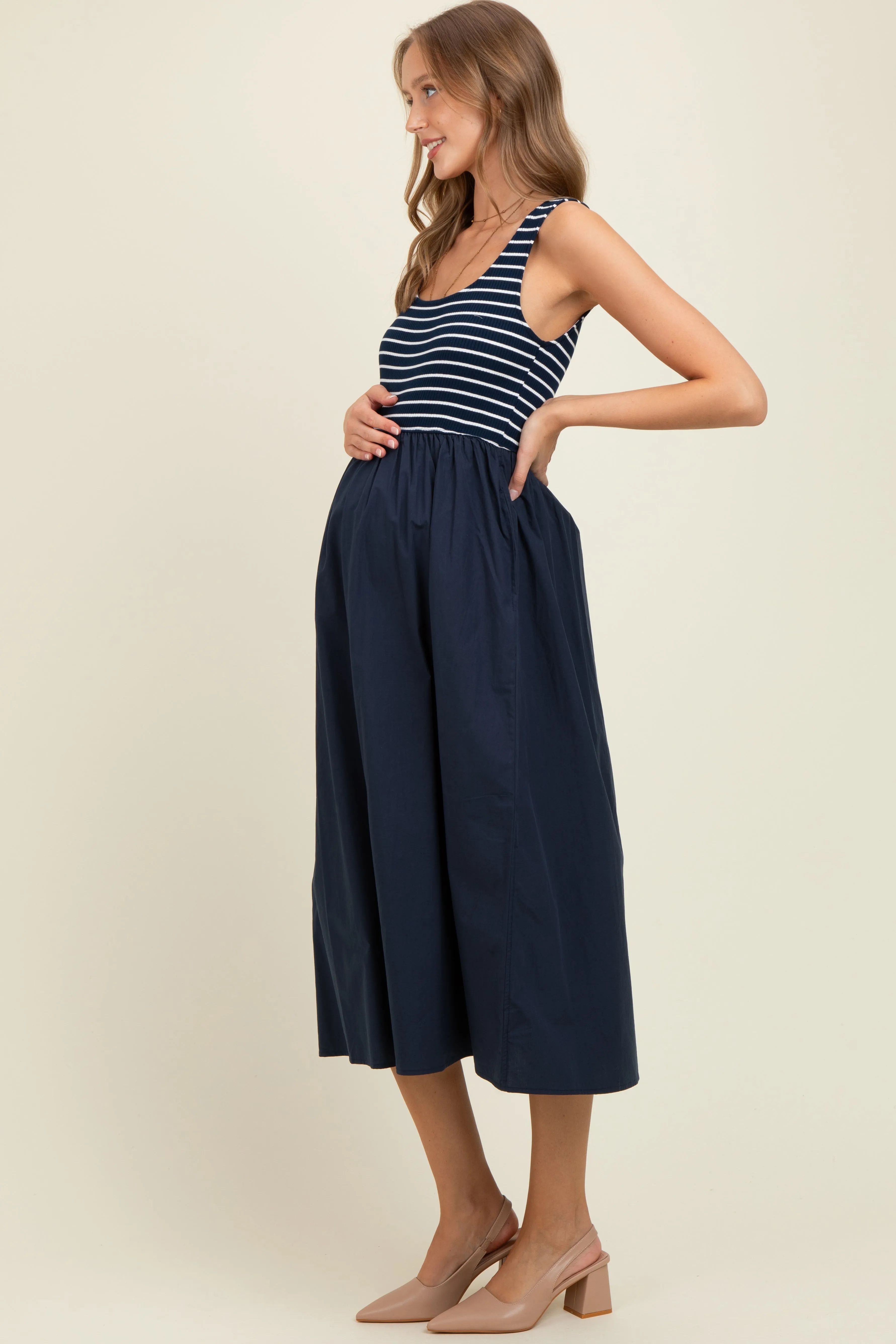 Navy Striped Contrast Sleeveless Maternity Midi Dress sold by Pinkblush product image thumbnail 3