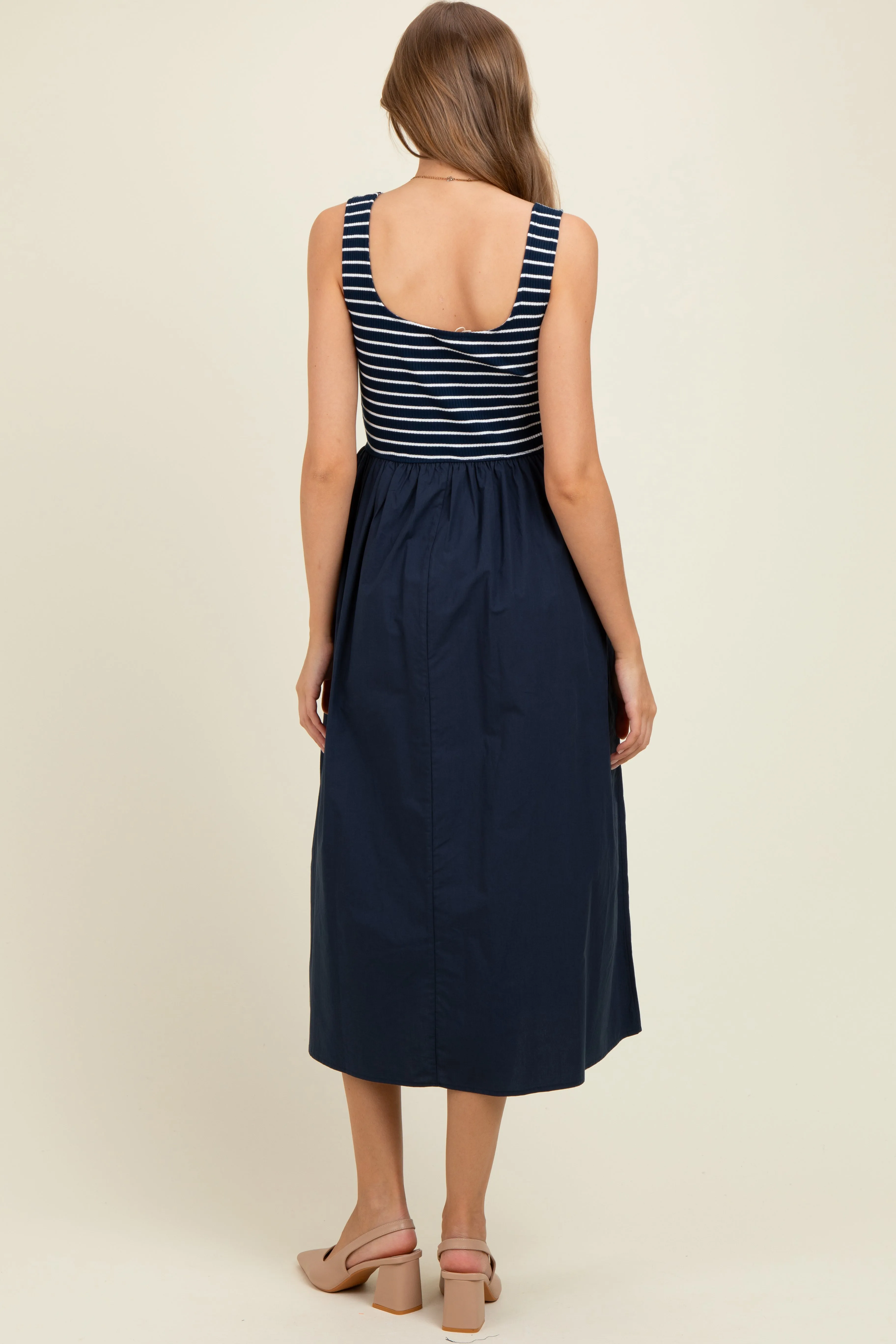 Navy Striped Contrast Sleeveless Maternity Midi Dress sold by Pinkblush product image thumbnail 4