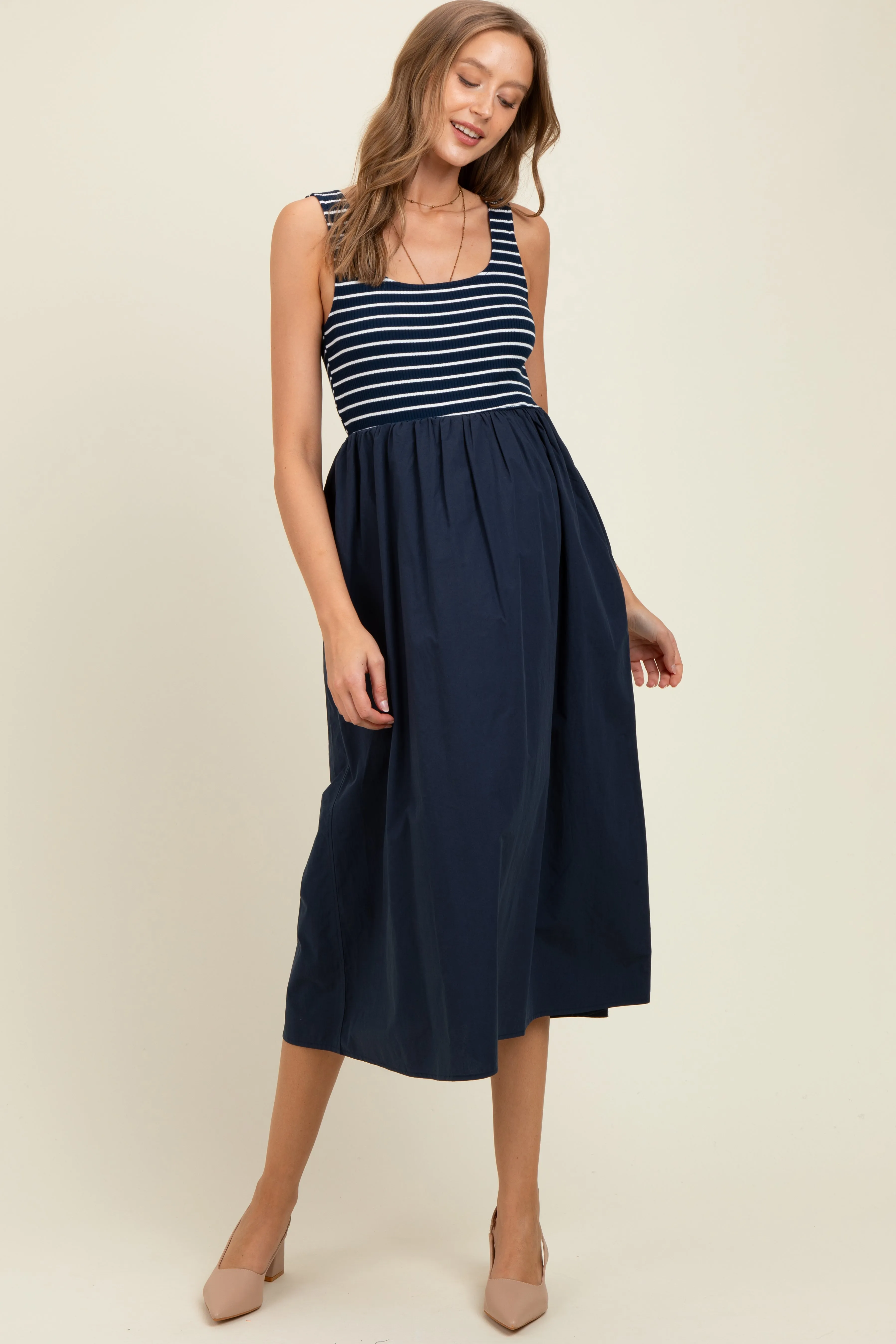 Navy Striped Contrast Sleeveless Maternity Midi Dress sold by Pinkblush