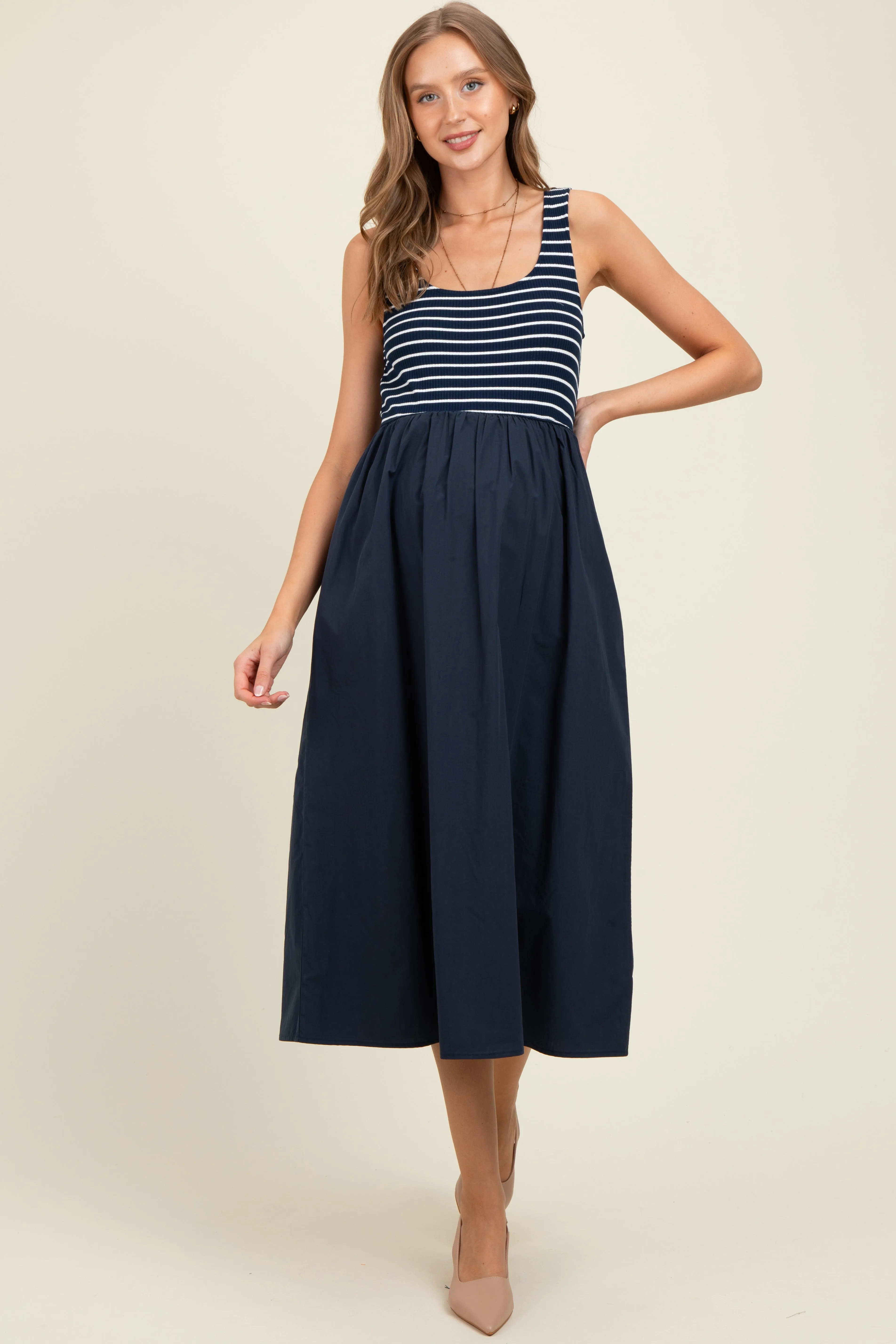 Navy Striped Contrast Sleeveless Maternity Midi Dress sold by Pinkblush product image thumbnail 2