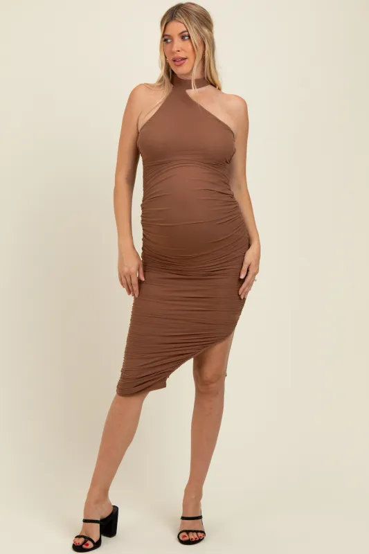 Mocha Mesh Draped Scarf Ruched Maternity Midi Dress sold by Pinkblush