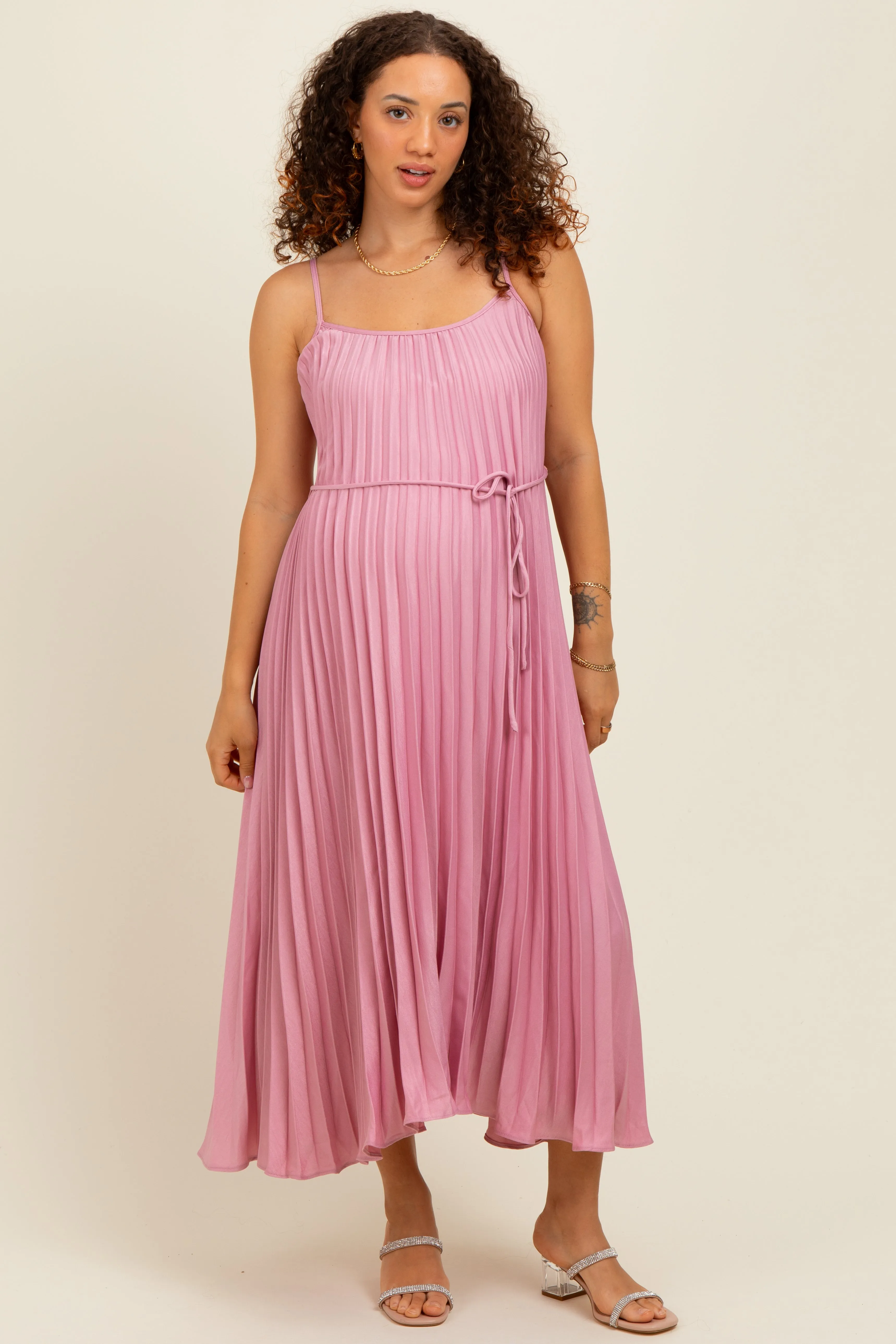 Pink Pleated Sash Tie Maternity Midi Dress sold by Pinkblush