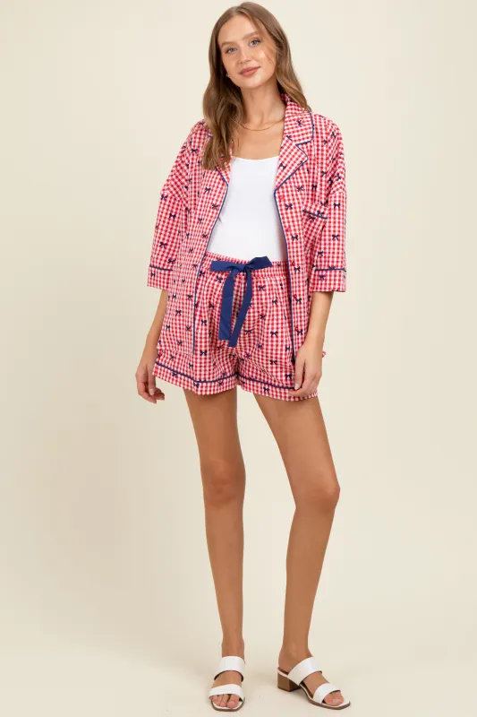 Red Bow Print Gingham Pajama Short Maternity Set sold by Pinkblush