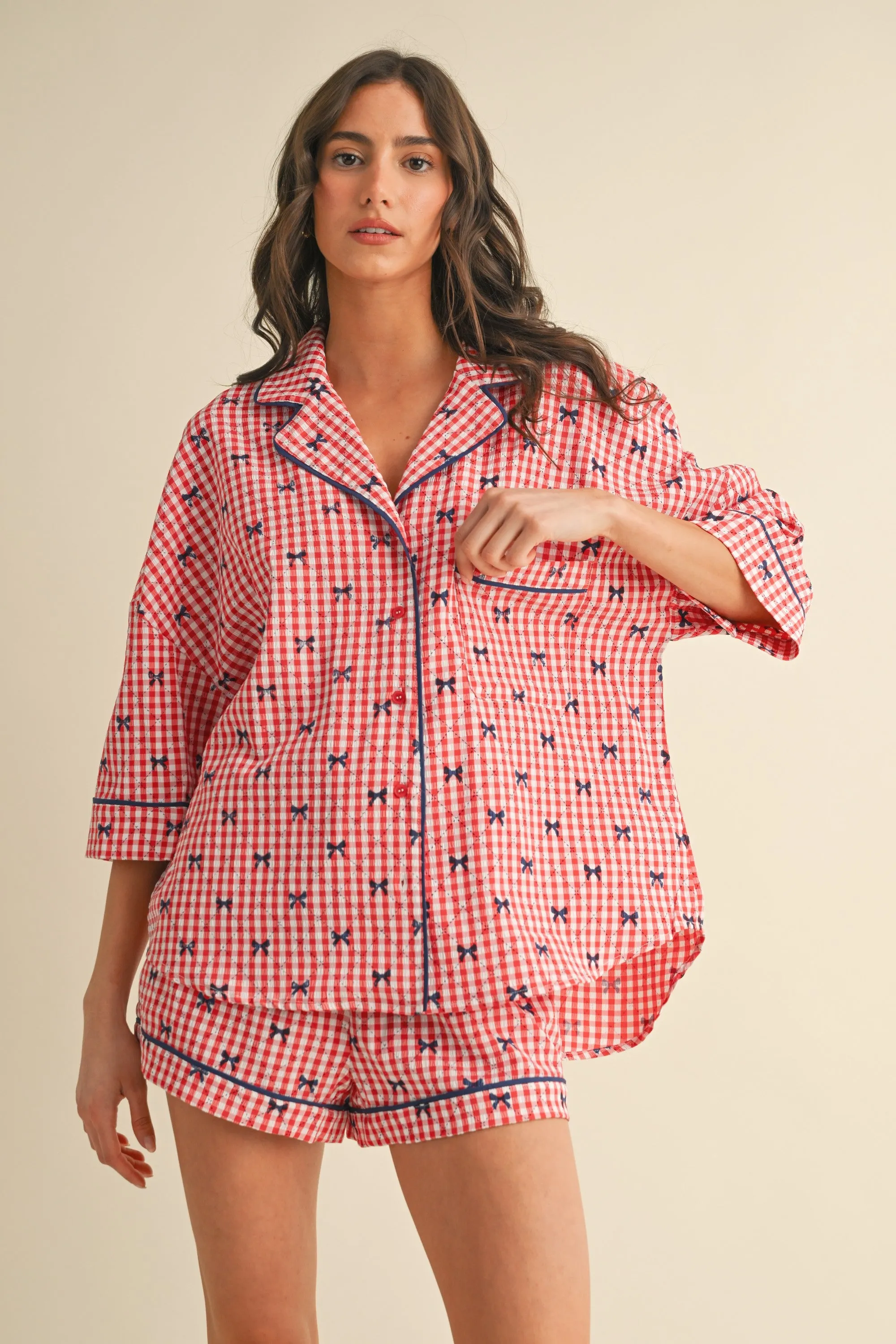 Red Bow Print Gingham Pajama Short Maternity Set sold by Pinkblush product image thumbnail 5