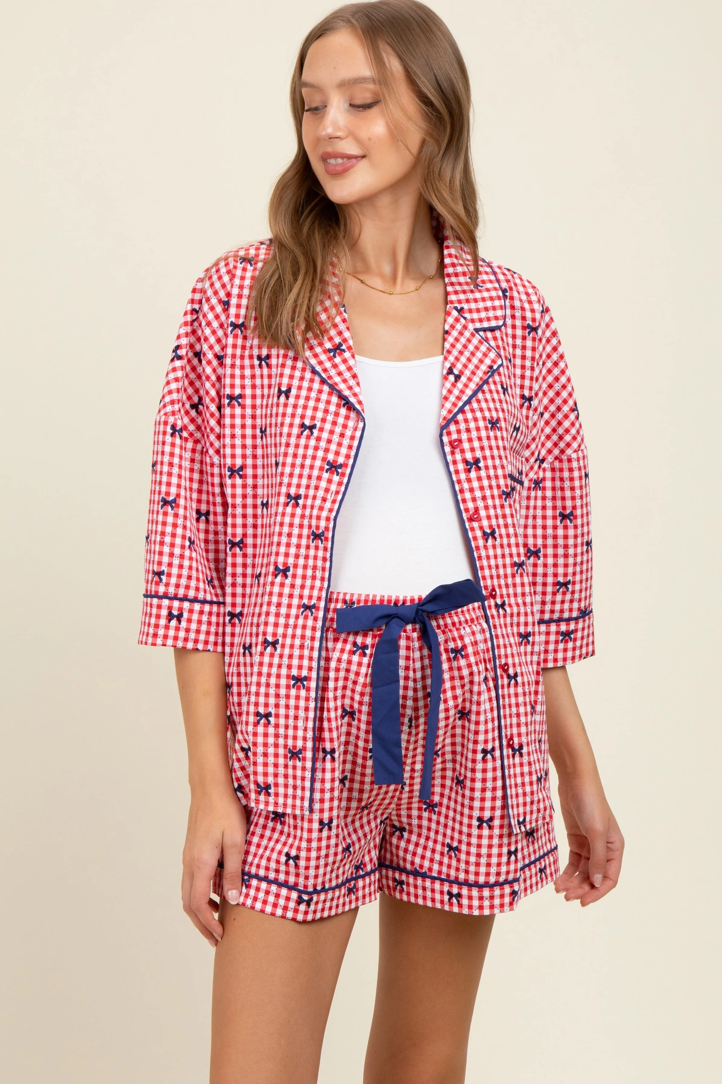 Red Bow Print Gingham Pajama Short Maternity Set sold by Pinkblush product image thumbnail 2