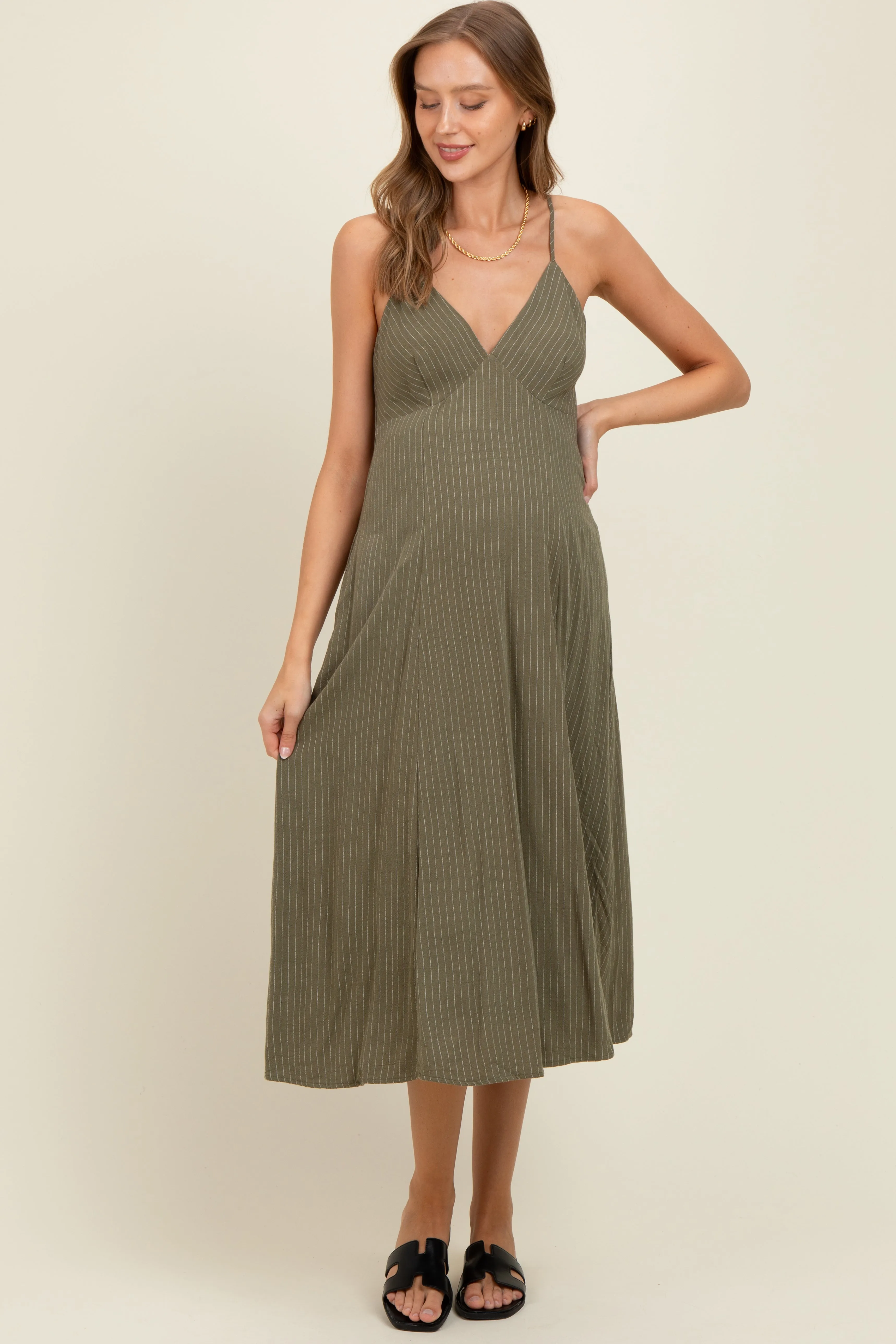 Olive/White Linen Striped Maternity Midi Dress sold by Pinkblush product image thumbnail 2