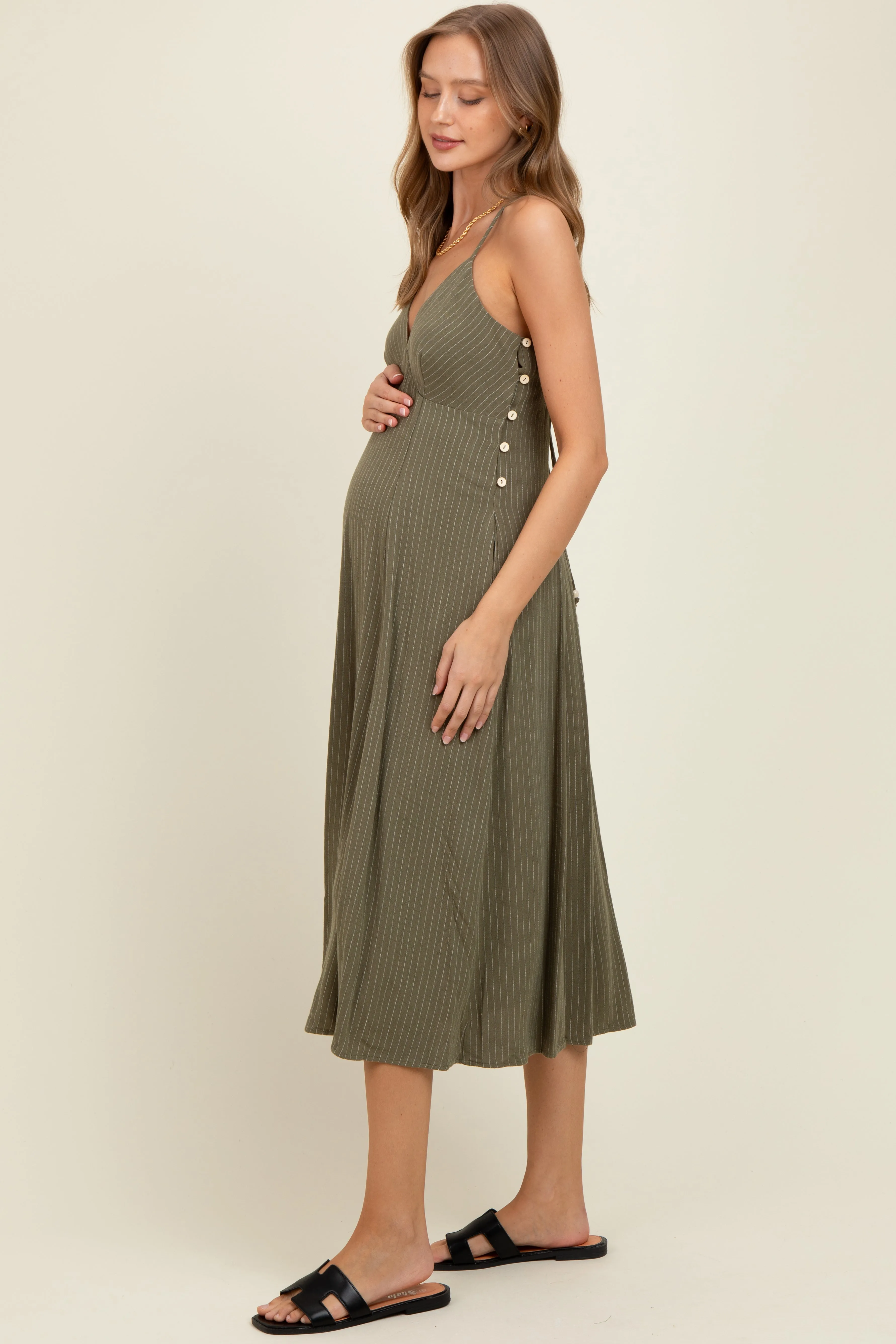 Olive/White Linen Striped Maternity Midi Dress sold by Pinkblush product image thumbnail 3