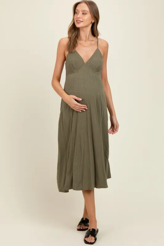 Olive/White Linen Striped Maternity Midi Dress sold by Pinkblush