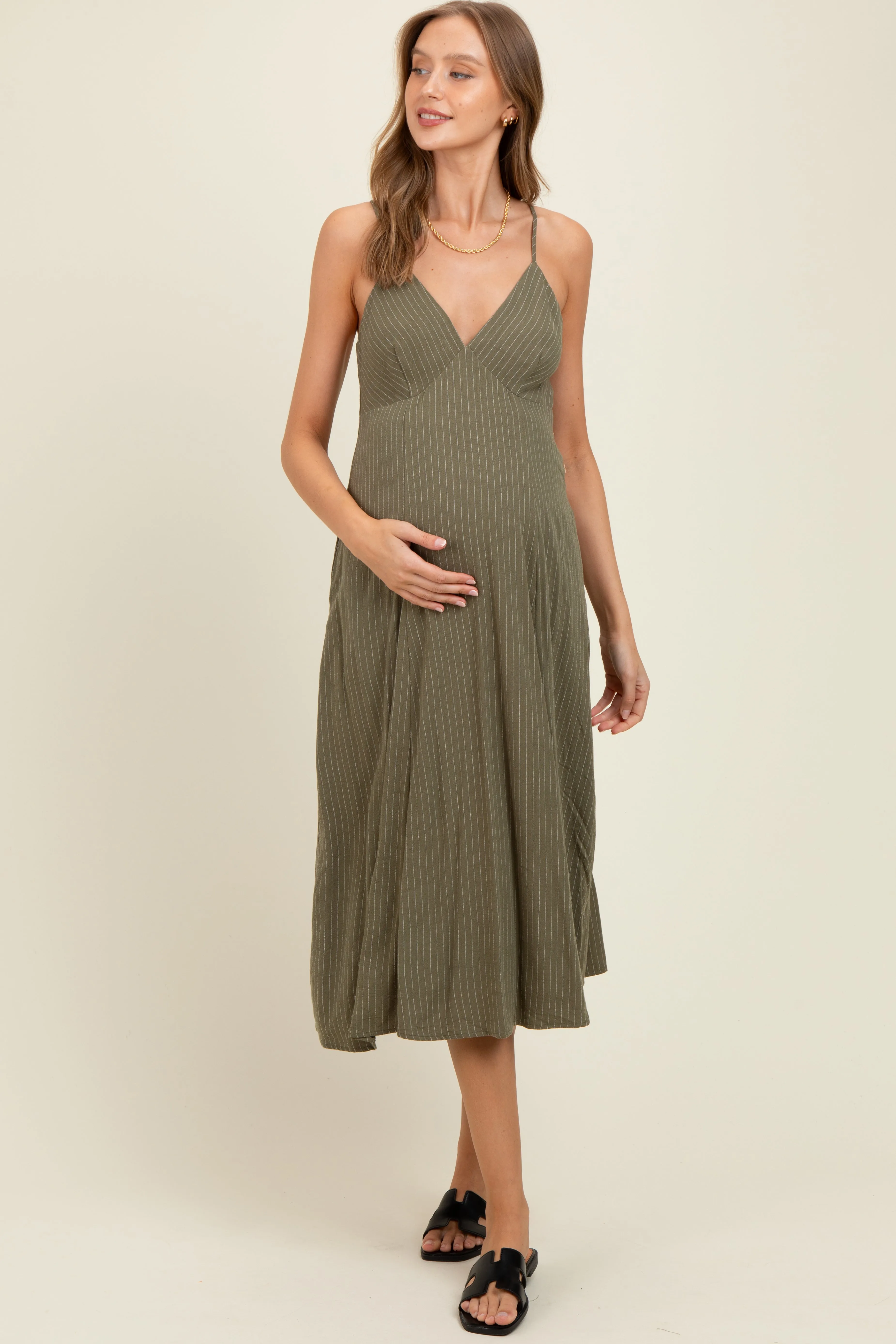 Olive/White Linen Striped Maternity Midi Dress sold by Pinkblush