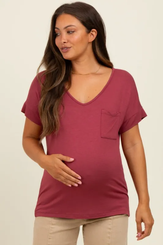 Burgundy V-Neck Front Pocket Maternity Short Sleeve T-Shirt sold by Pinkblush