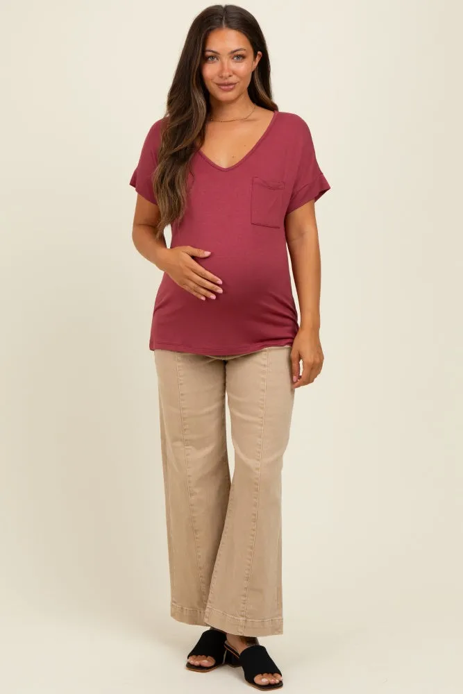 Burgundy V-Neck Front Pocket Maternity Short Sleeve T-Shirt sold by Pinkblush product image thumbnail 2