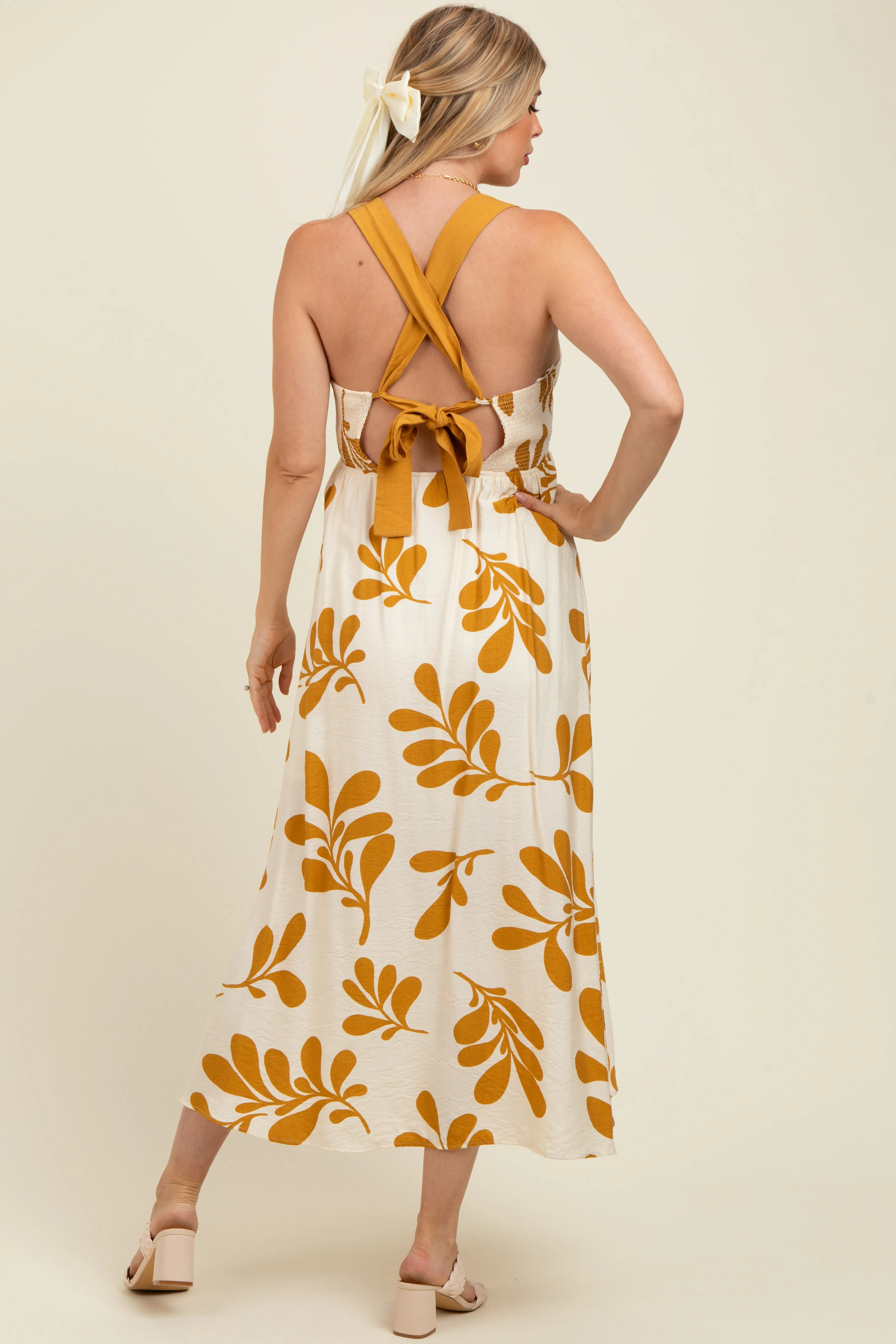 Yellow Leaf Print Tie Back Cutout Maternity Midi Dress sold by Pinkblush product image thumbnail 2