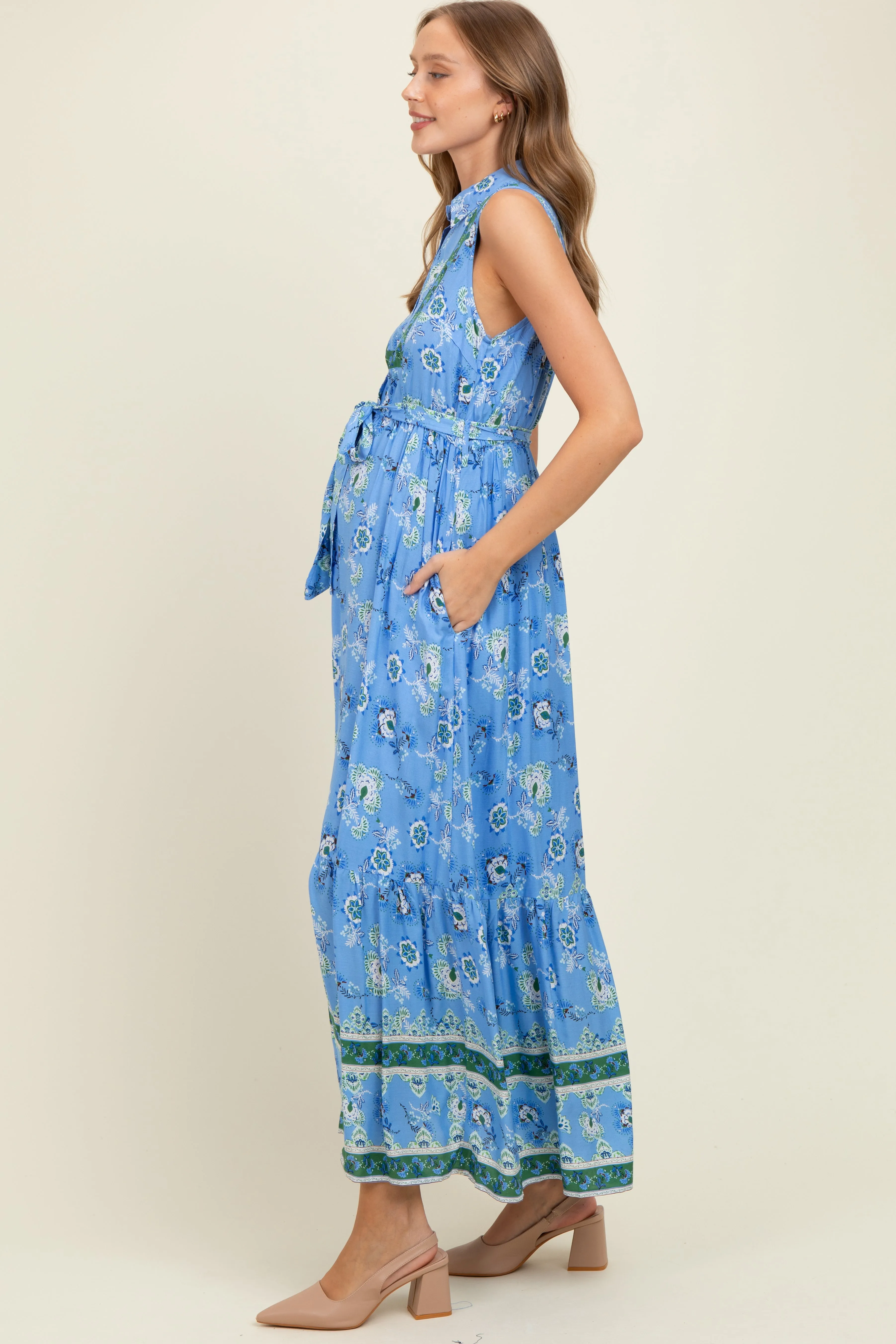 Blue Border Print Collared Button Down Maternity Maxi Dress sold by Pinkblush product image thumbnail 3