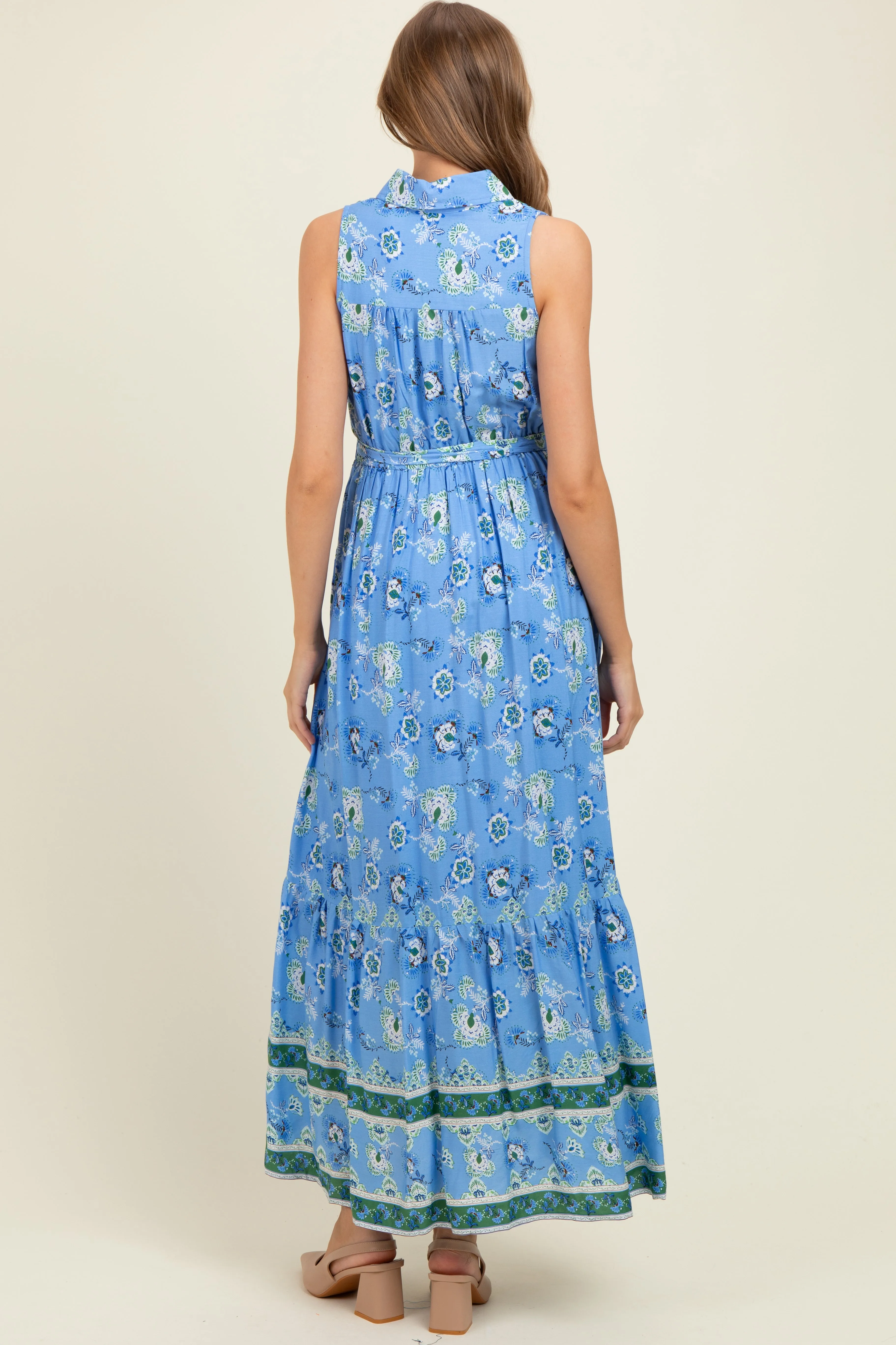 Blue Border Print Collared Button Down Maternity Maxi Dress sold by Pinkblush product image thumbnail 4